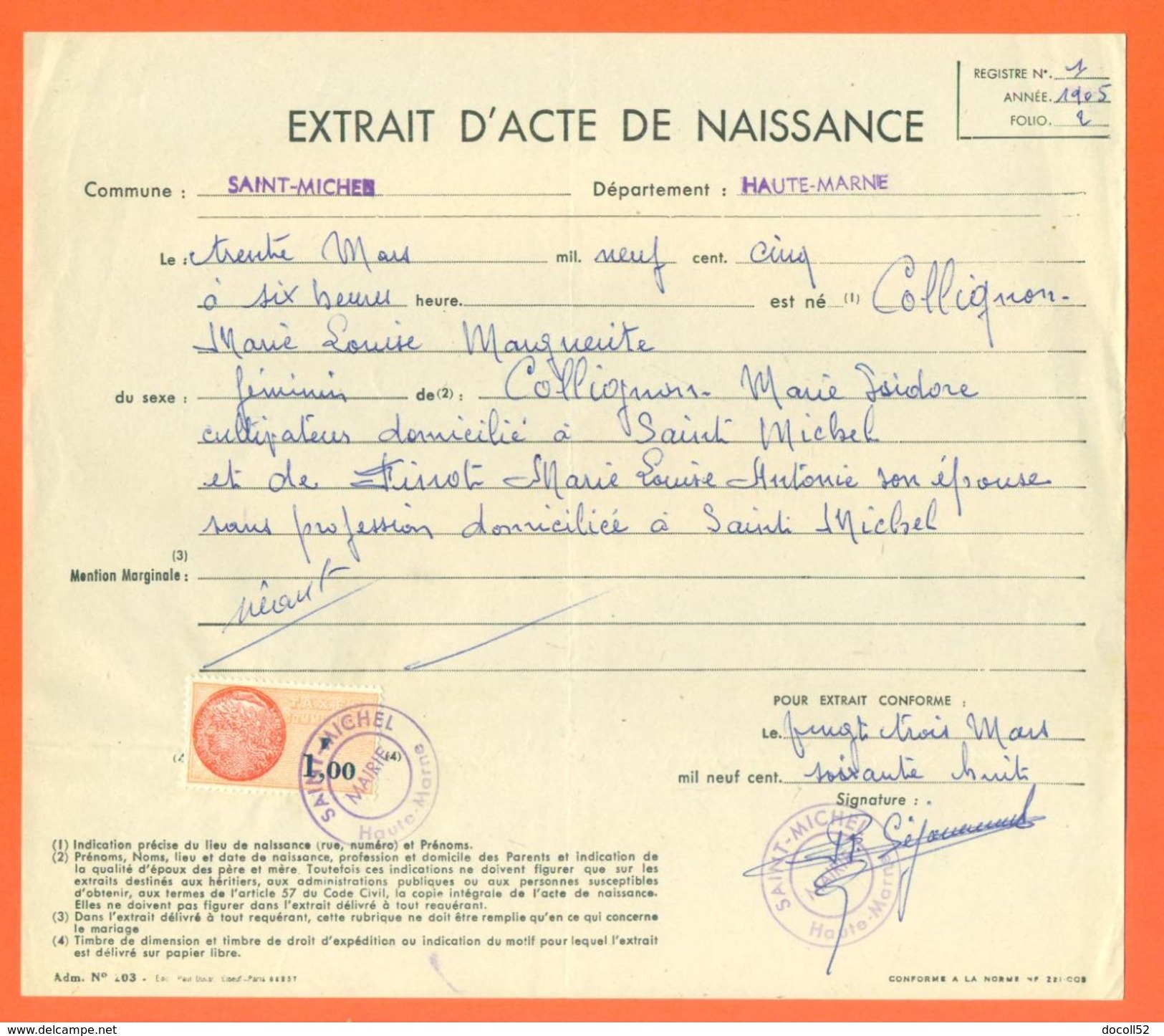 52 Saint Michel - Généalogie - Extrait Acte De Naissance En 1905 - Timbre Fiscal - VPAN 3 - Naissance & Baptême
