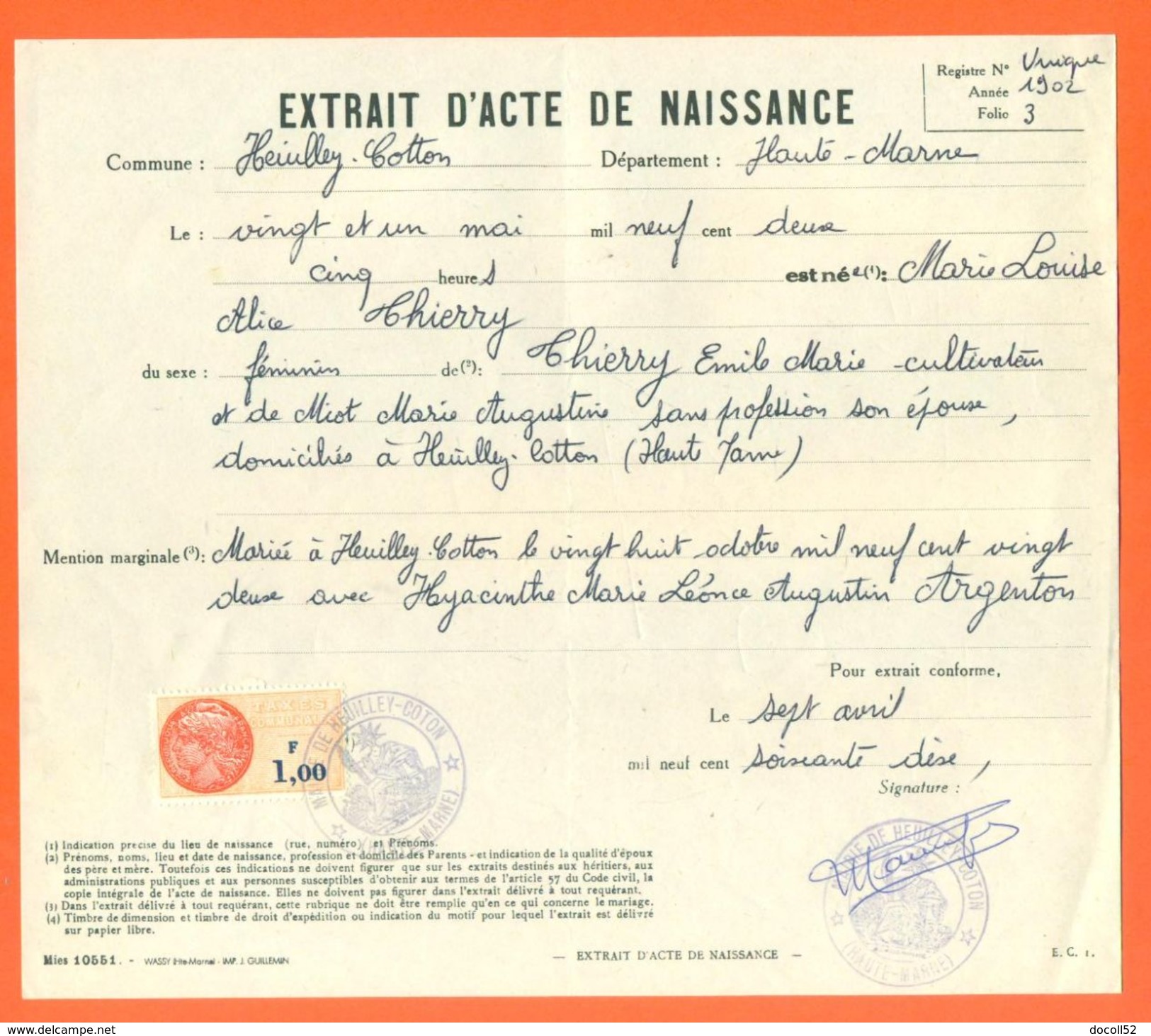 52 Heuilley Cotton - Généalogie - Extrait Acte De Naissance En 1902 - Timbre Fiscal - VPAN 3 - Naissance & Baptême