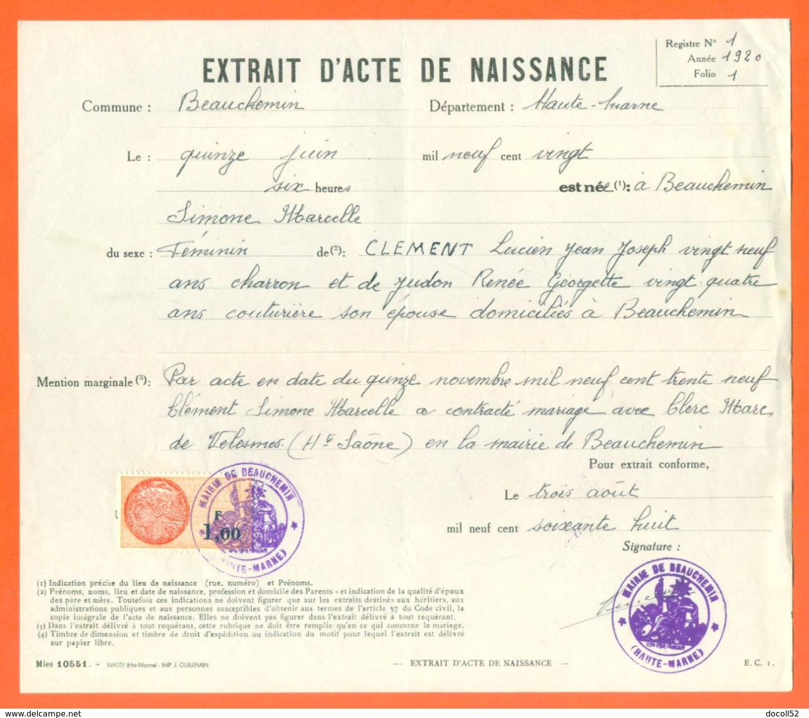 52 Beauchemin - Généalogie - Extrait Acte De Naissance En 1920 - Timbre Fiscal - VPAN 3 - Naissance & Baptême