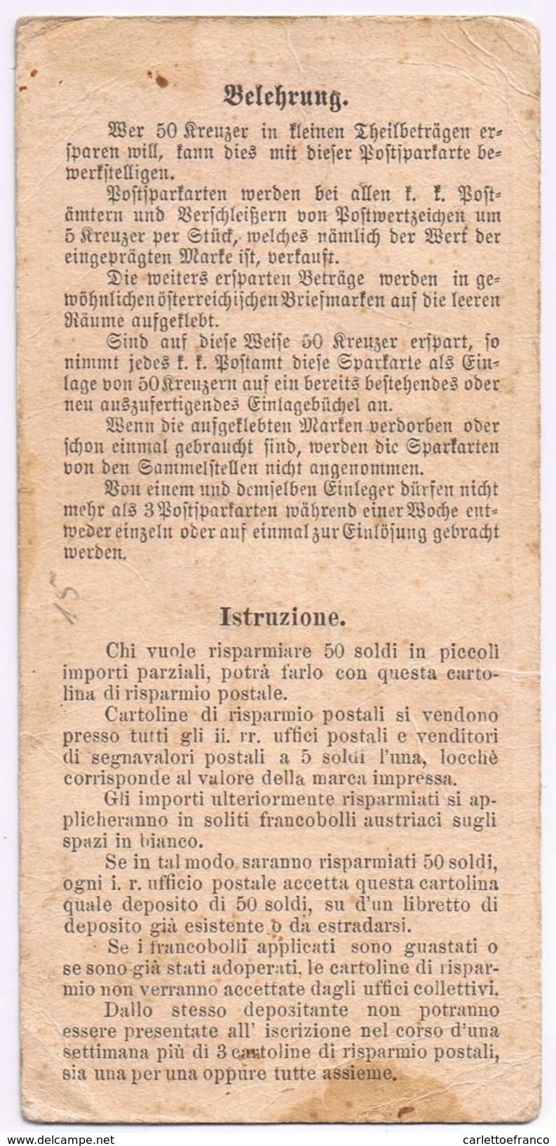 Cartolina Postale Di Risparmio - Completa Di Affrancature - Rara - Lombardo-Veneto