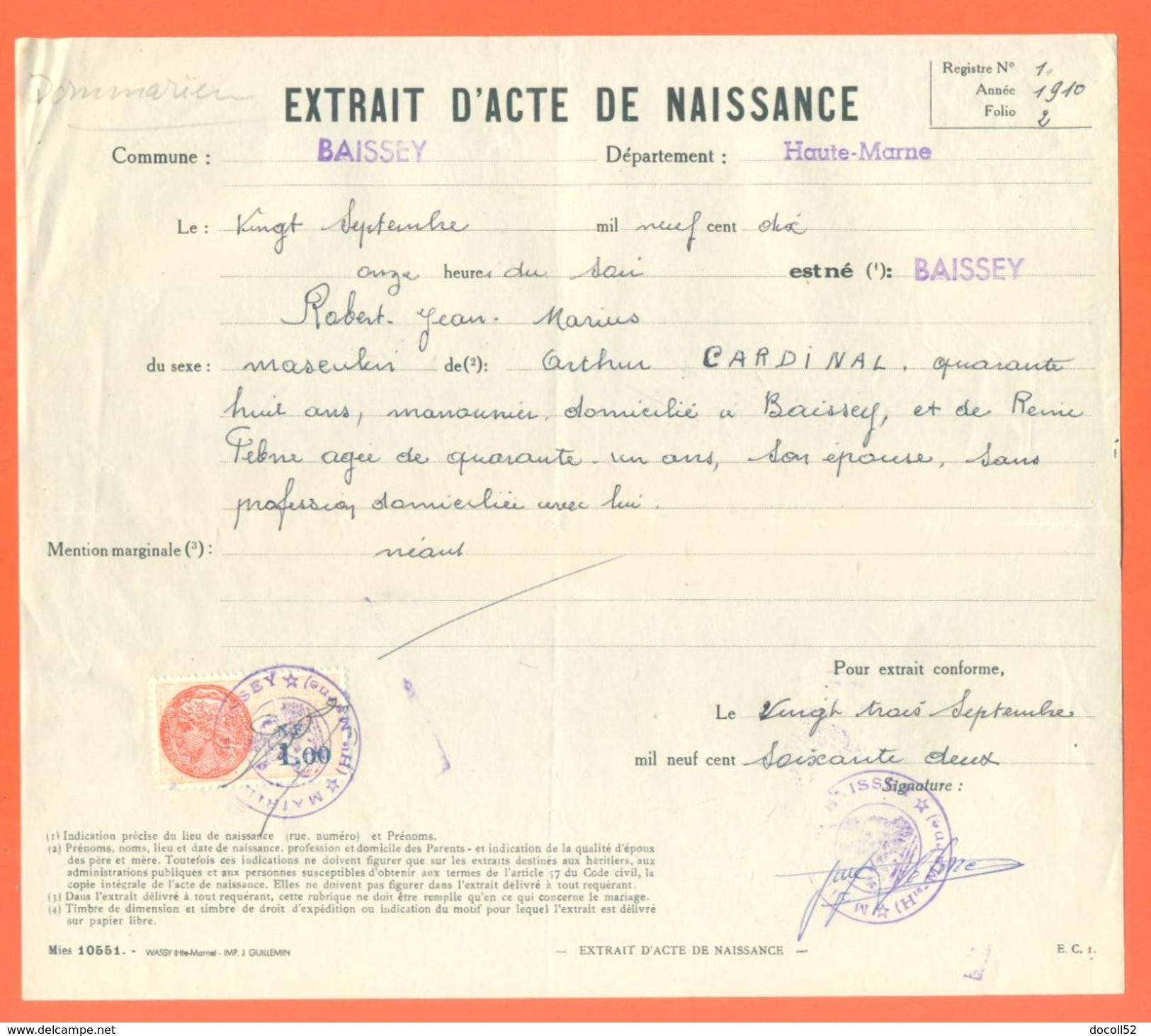52 Baissey - Généalogie - Extrait Acte De Naissance En 1910 - Timbre Fiscal - VPAN 3 - Naissance & Baptême