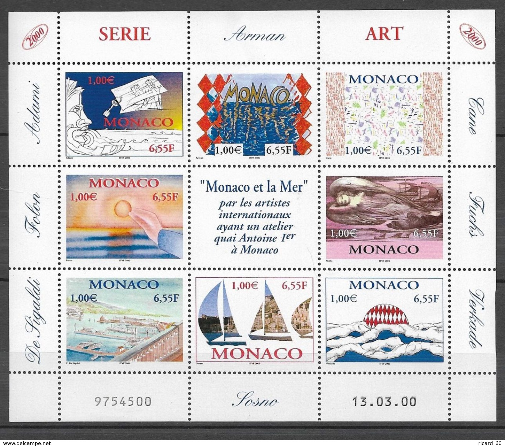 Timbre(s) Neuf(s)** De Monaco ,  N°2240-47 En Feuillet,les Artistes Et La Mer, Folon, Adami, Arman... - Neufs