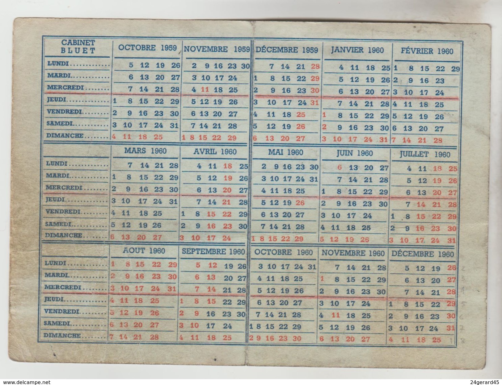 ARCHIVE REFUGIE ESPAGNOL EN FRANCE - 2 Calendriers Petit Format DU PALAIS 90 X 130 Mm Année 59/60 Et 60/61 Cabinet BLUET - Petit Format : 1961-70