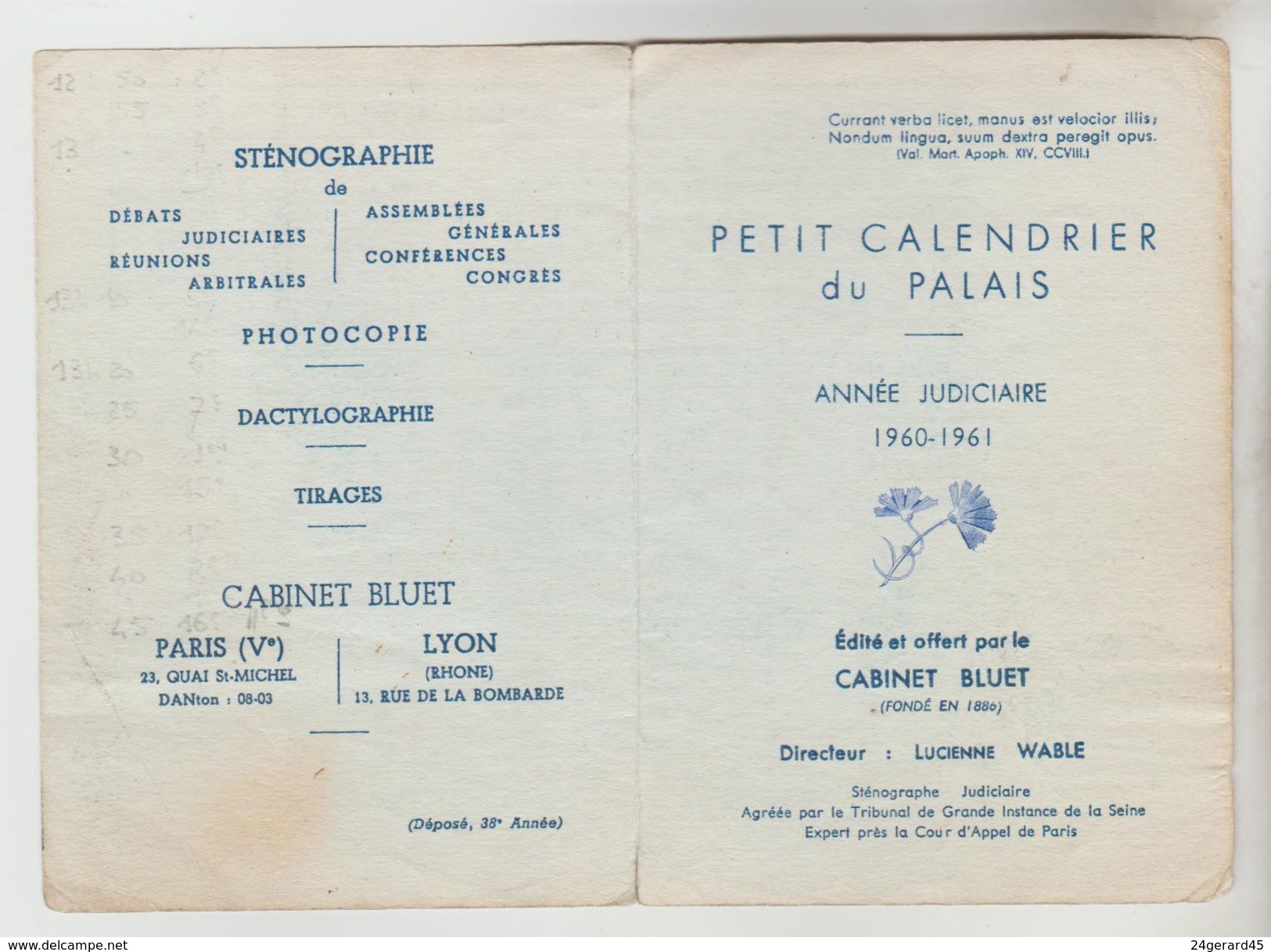 ARCHIVE REFUGIE ESPAGNOL EN FRANCE - 2 Calendriers Petit Format DU PALAIS 90 X 130 Mm Année 59/60 Et 60/61 Cabinet BLUET - Petit Format : 1961-70