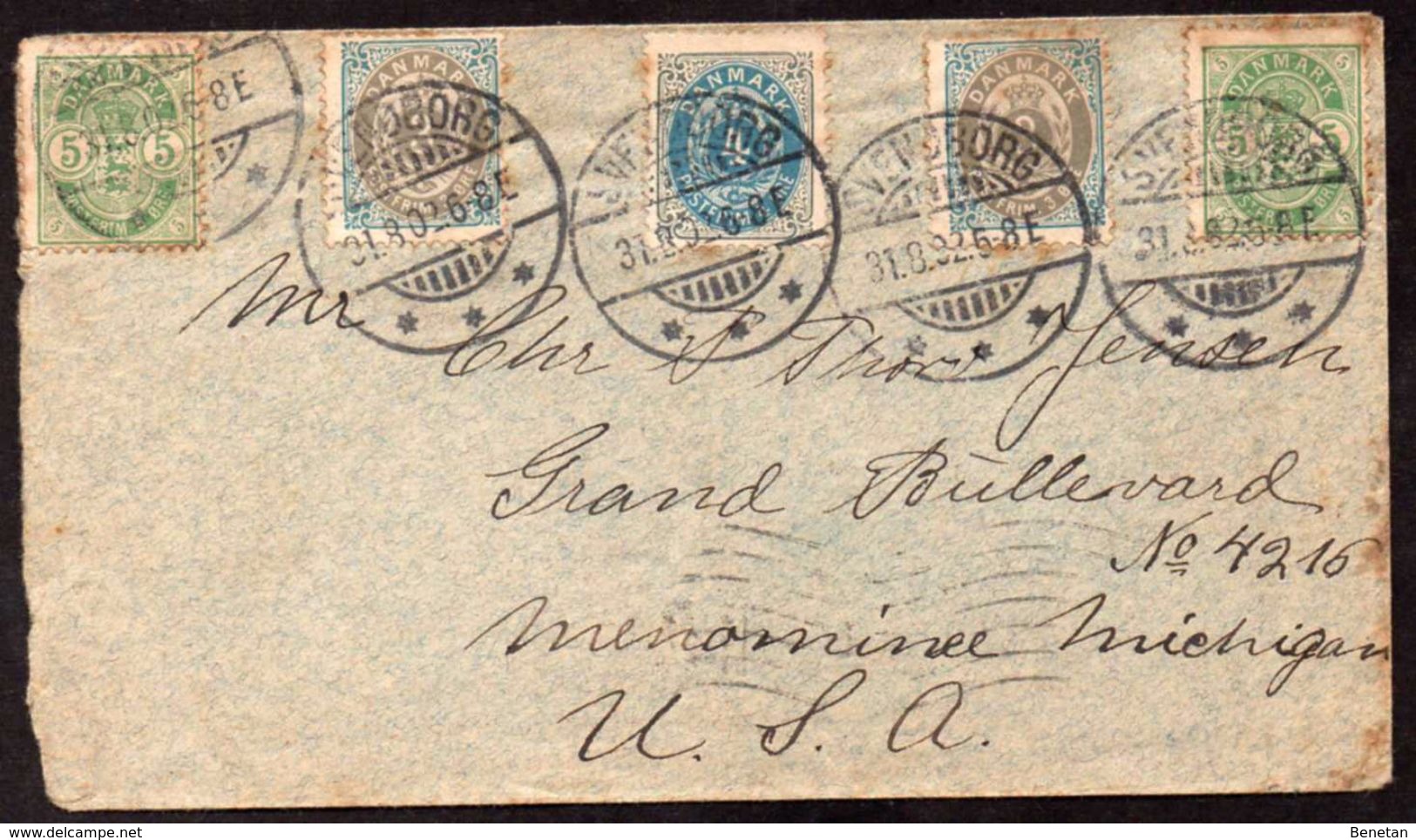 Denmark Svensborg To USA Menominee Cover 1892 - Storia Postale