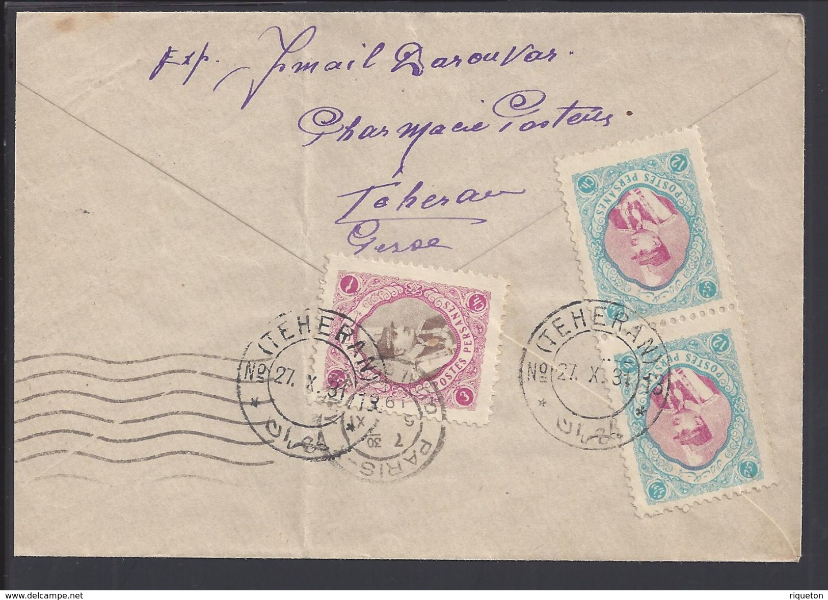 IRAN - 1931 "Pharmacie Pasteur Téhéran" Enveloppe Pour Paris - B/TB - - Iran