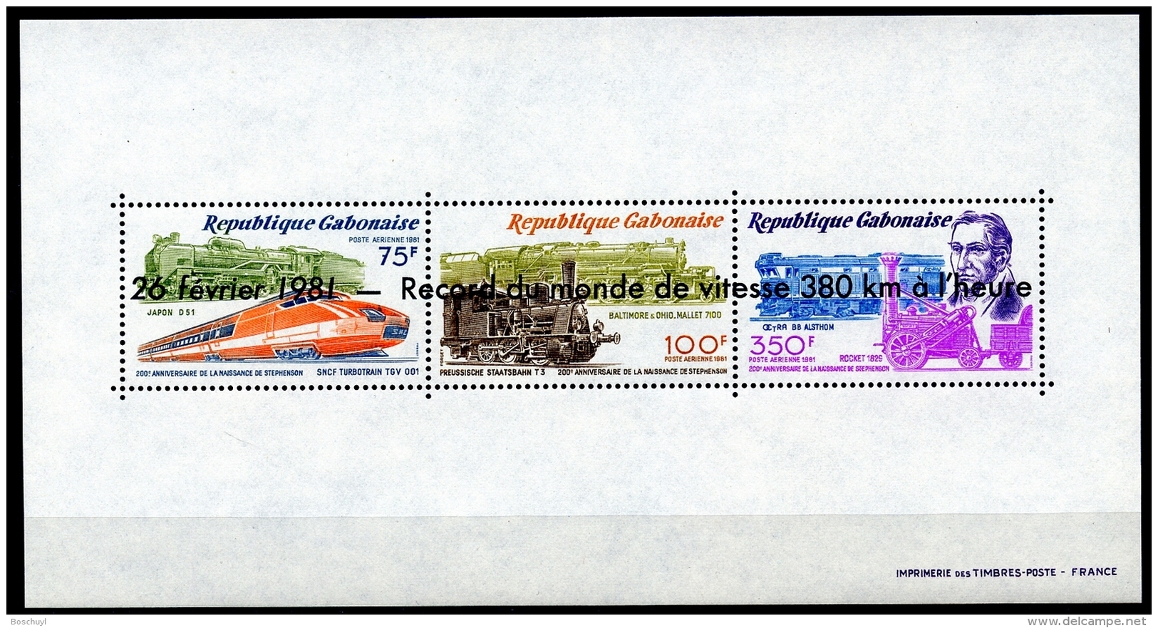 Gabon, 1981, Trains, Speed Record, Stephenson, Railroad, MNH Overprinted Sheet, Michel Block 44 - Gabon