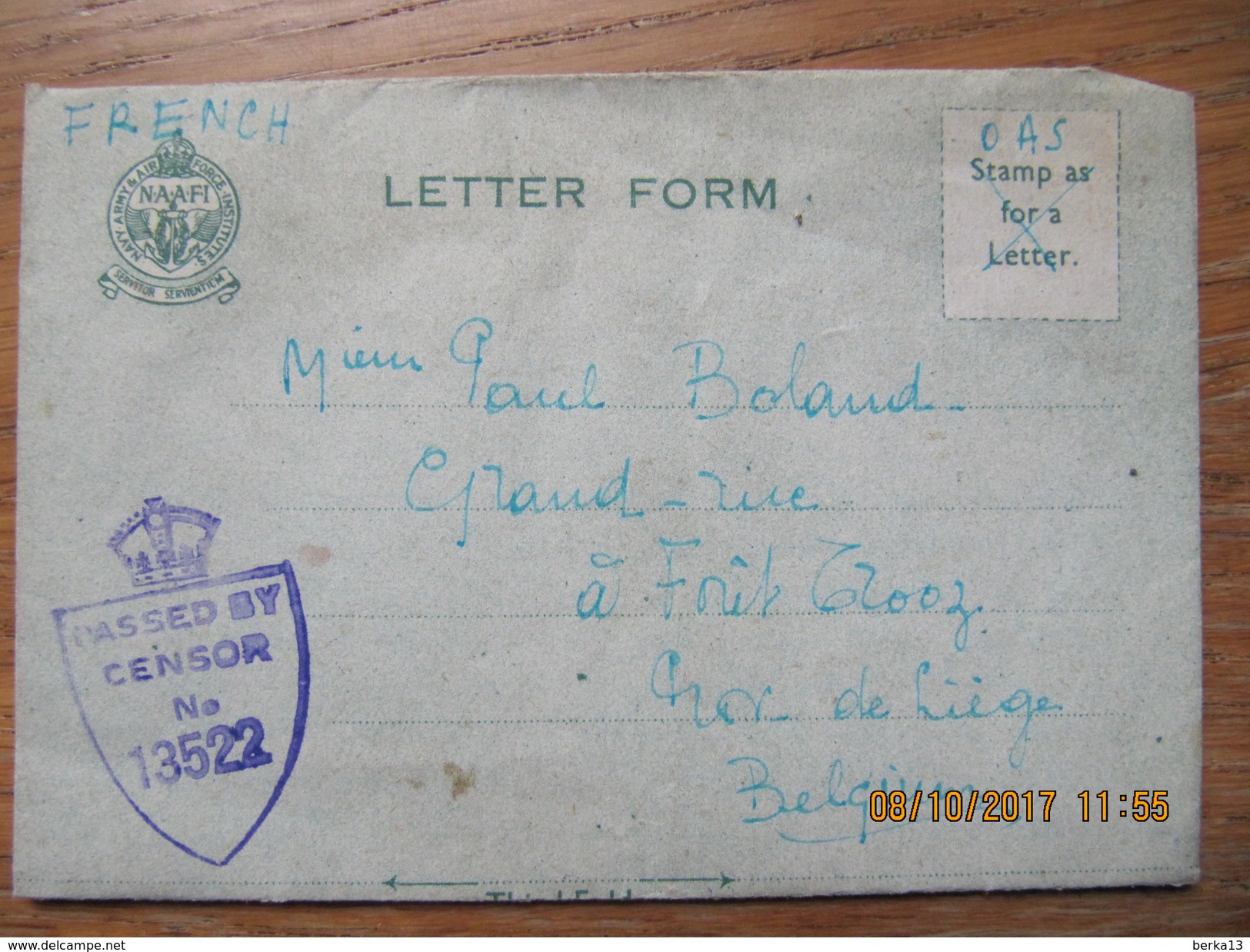 ENVELOPPE - LETTRE NAVY ARMY & AIR FORCE INSTITUTES NAAFI  NOVEMBRE 1945  TAMPON CENSURE - Collections