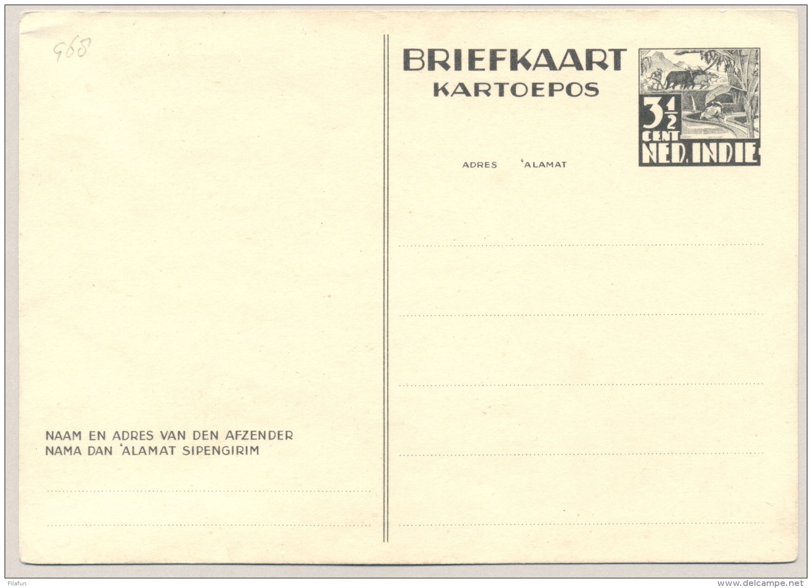 Nederlands Indië - 1941 - 3,5 Cent Karbouw Offset Printing Briefkaart G68 Ongebruikt - Not In H&amp;G - Niederländisch-Indien