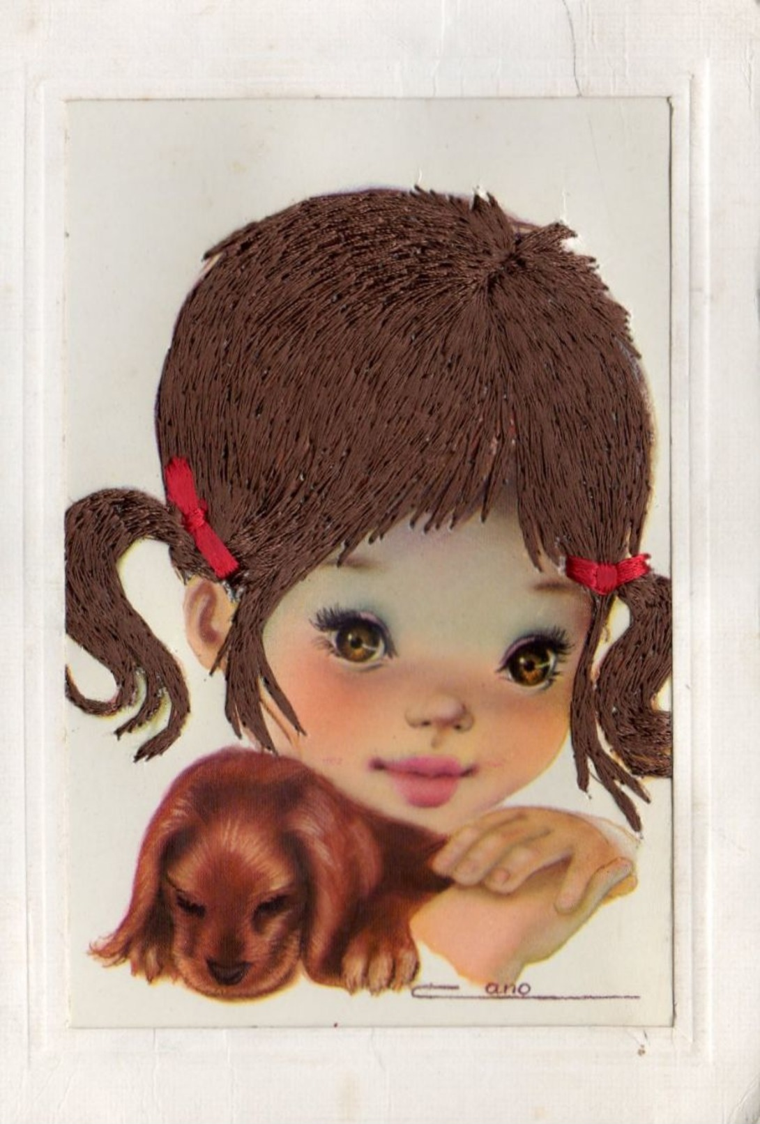 CP. CARTE  BRODEE. ENFANT AVEC PETIT CHIEN - Bordados