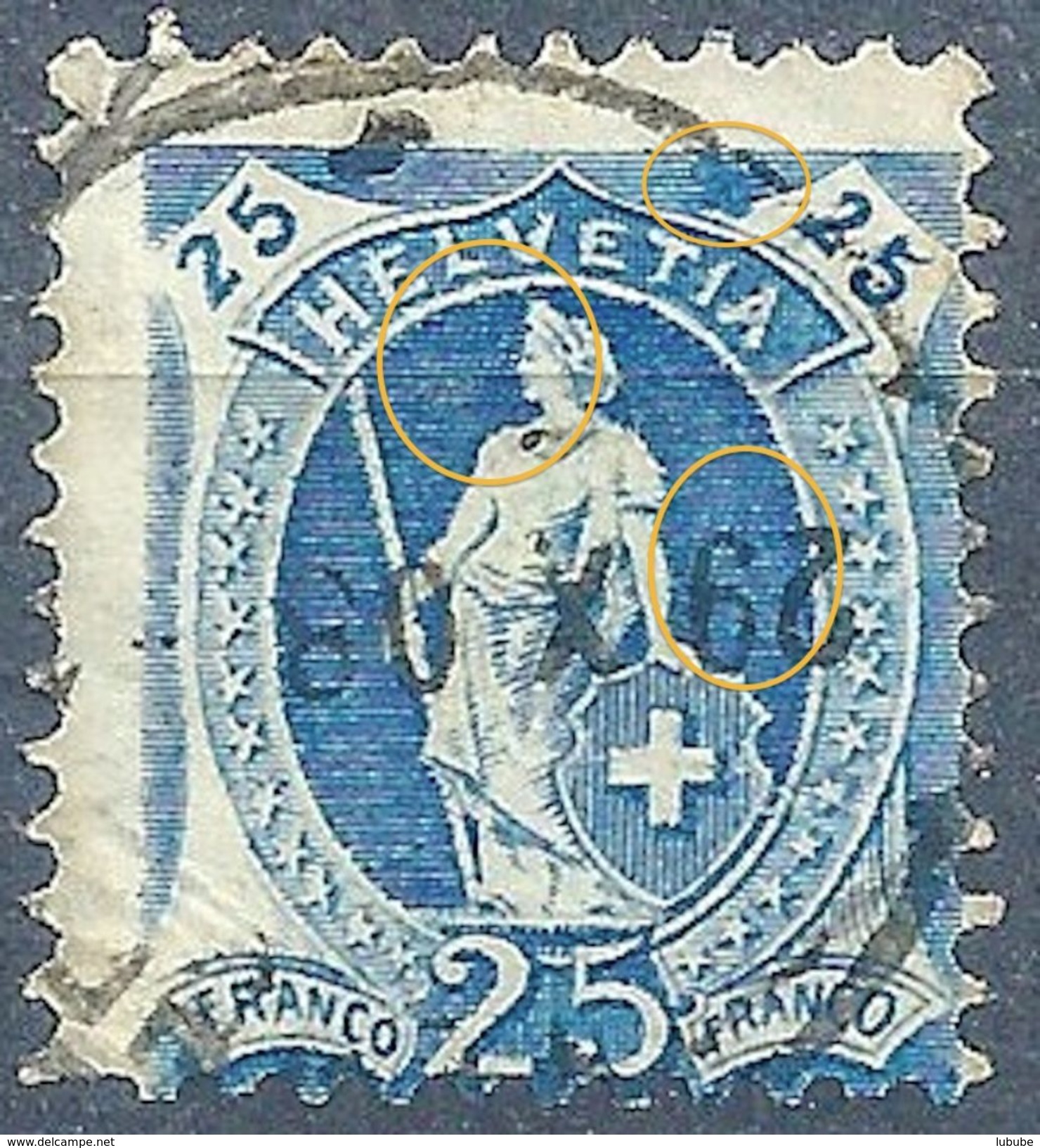 Stehende Helvetia 93B, 25 Rp.blau  ABART           1908 - Usati