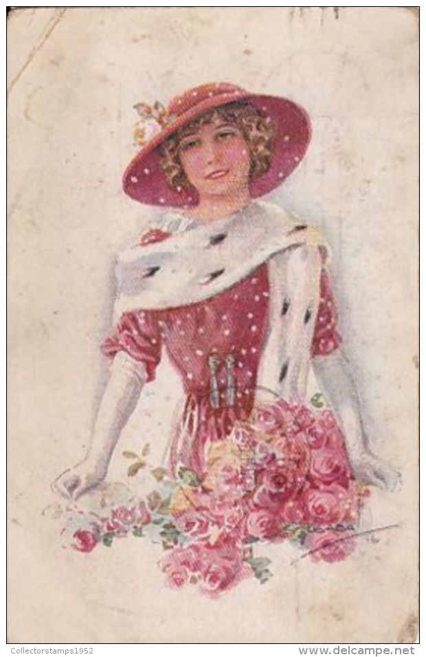 66721- USABAL- YOUNG WOMAN WITH HAT AND ROSES, SIGNED ILLUSTRATION - Usabal