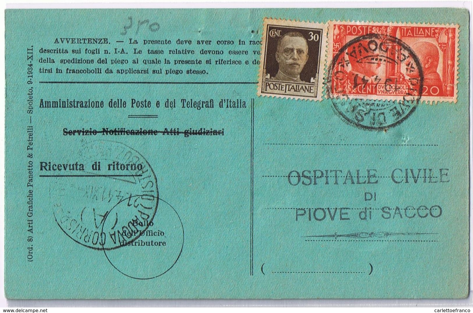 Ricevuta Di Ritorno Padova -> Piove Di Sacco Viaggiata 1941 - Storia Postale