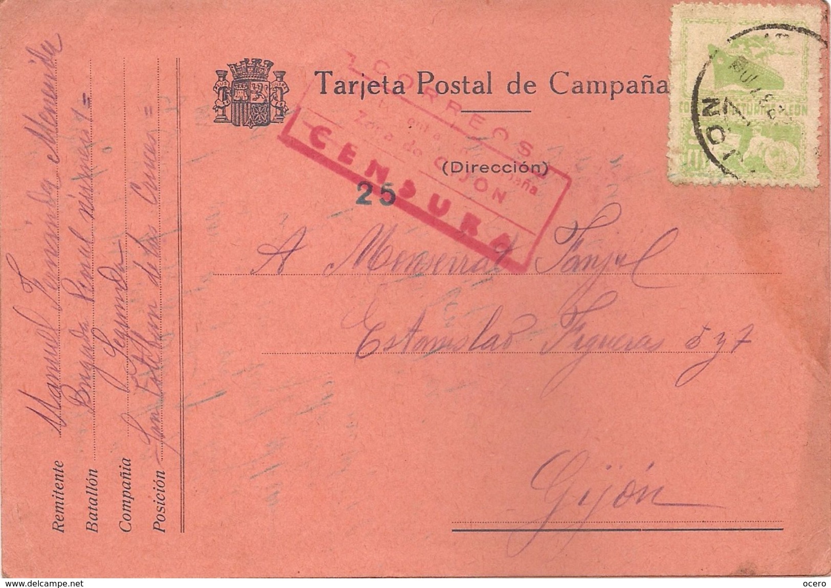 Tarjeta Postal De Campaña, Consejo De Asturias Y León, Con Censura En Rojo, 7 De Septiembre De 1937 - Asturien & Léon