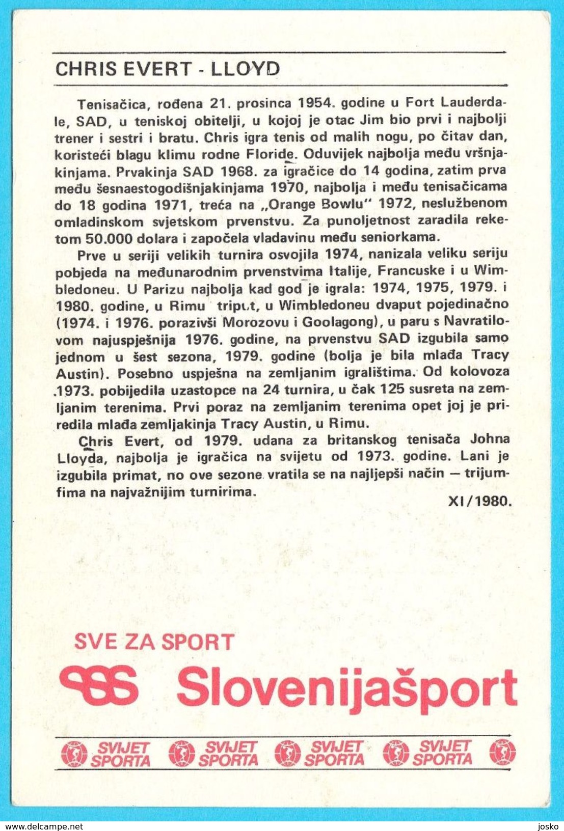 CHRIS EVERT - LLOYD ... Usa Tennis Star ( Yugoslavia Vintage Card Svijet Sporta ) * Tenis Sport - Other & Unclassified
