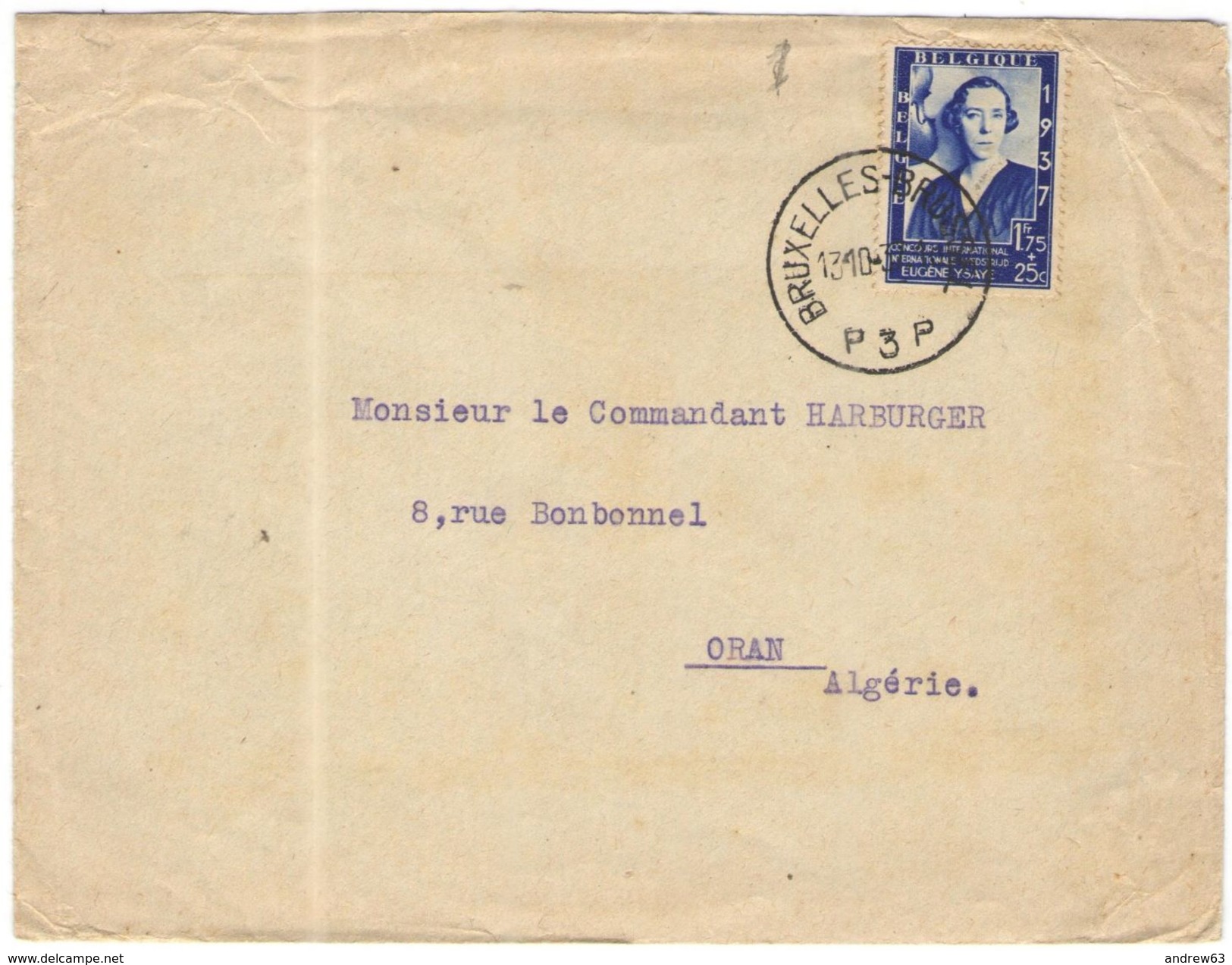 BELGIO - BELGIE - BELGIQUE - 1937 - 1,75 Reine Elisabeth - Viaggiata Da Bruxelles Per Oran, Algérie - Storia Postale