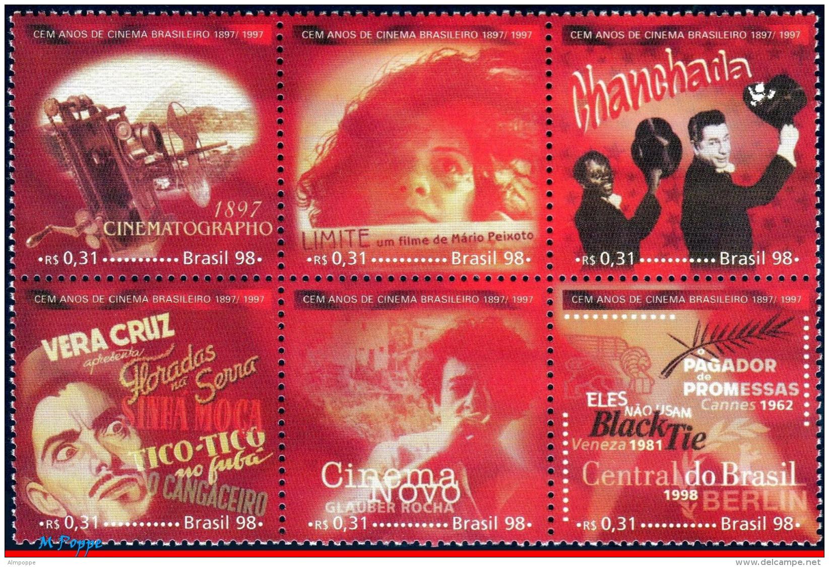 Ref. BR-2684 BRAZIL 1998 - CINEMA, CINEMATOGRAPH,, MOVIES, MI# 2882-87, SET MNH, FILM AND MOVIE 6V Sc# 2684 - Cinema