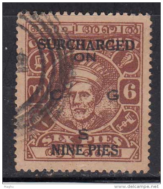 Cochin British India State, Used, Service , Officicial SURCHARGED NINE PIES On 6p 1944 - Cochin