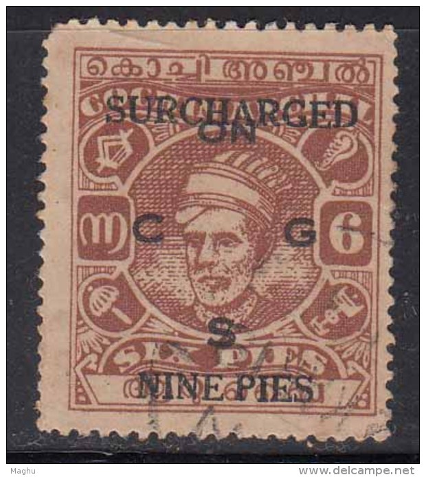 Cochin British India State, Used, Service , Officicial SURCHARGED NINE PIES On 6p 1944 - Cochin