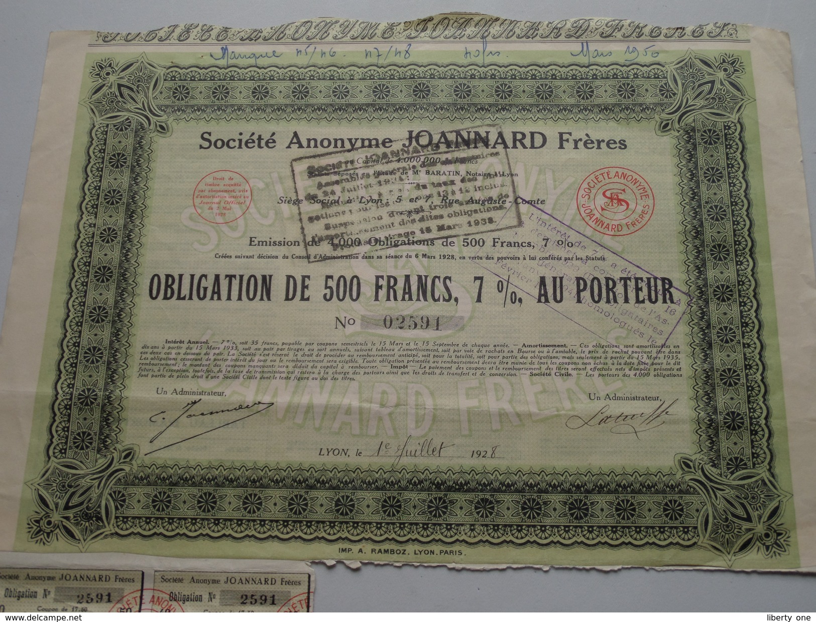 JOANNARD Frères ( Lyon ) Obligation De 500 Francs N° 02591 / 1928 ( Voir Photo Pour Detail )! - J - L