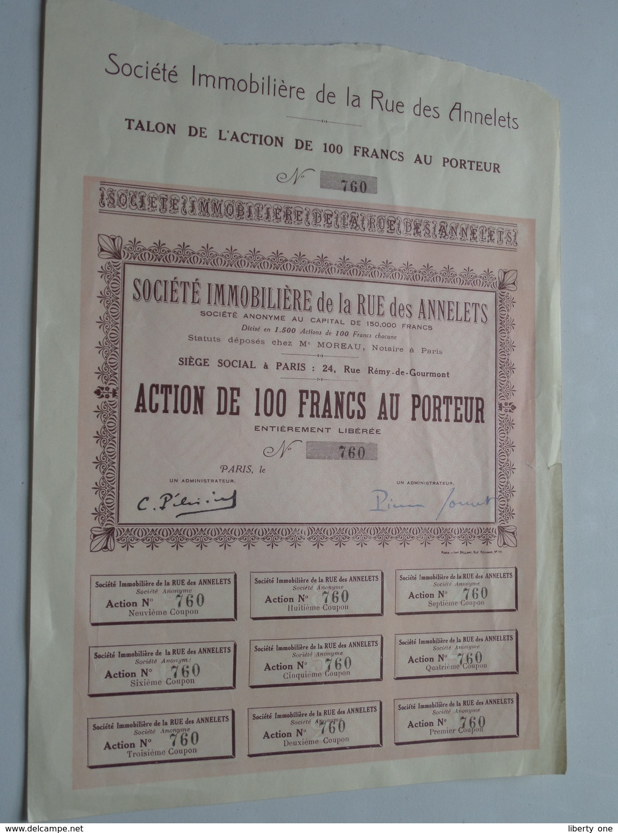 Société IMMOBILIERE De La Rue Des ANNELETS ( Paris ) Action De 100 Francs - N° 760 / 19.. ( Voir Photo Pour Detail )! - S - V