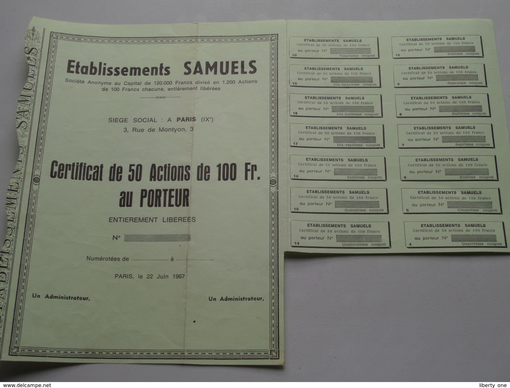 Ets. SAMUELS ( Paris ) Certificat De 50 Actions De 100 Francs Au Porteur - N° .... / 1967 ( Voir Photo Pour Detail )! - S - V