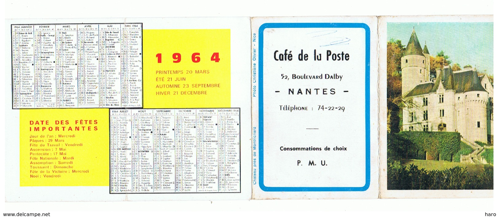 Calendrier De Poche - 1964 - Café De La Poste à NANTES, Carte Routière,...(fr55) - Petit Format : 1961-70