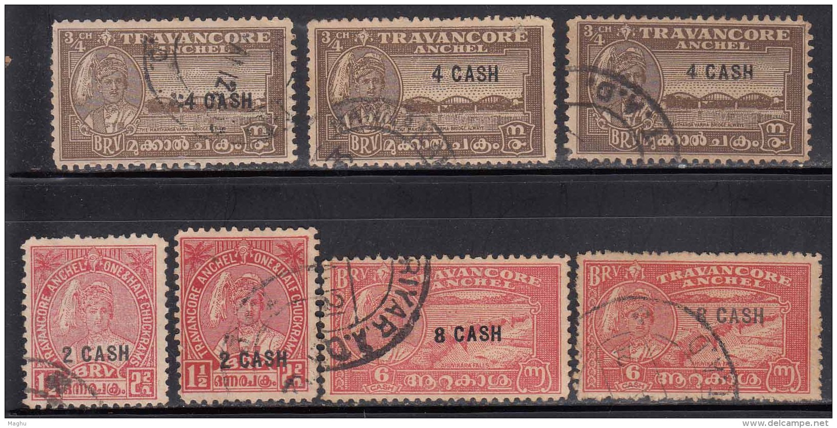 3v Perf., / Shade Varities, Surcharge Issue Of Travancore, 1943 Used, British India State - Cochin