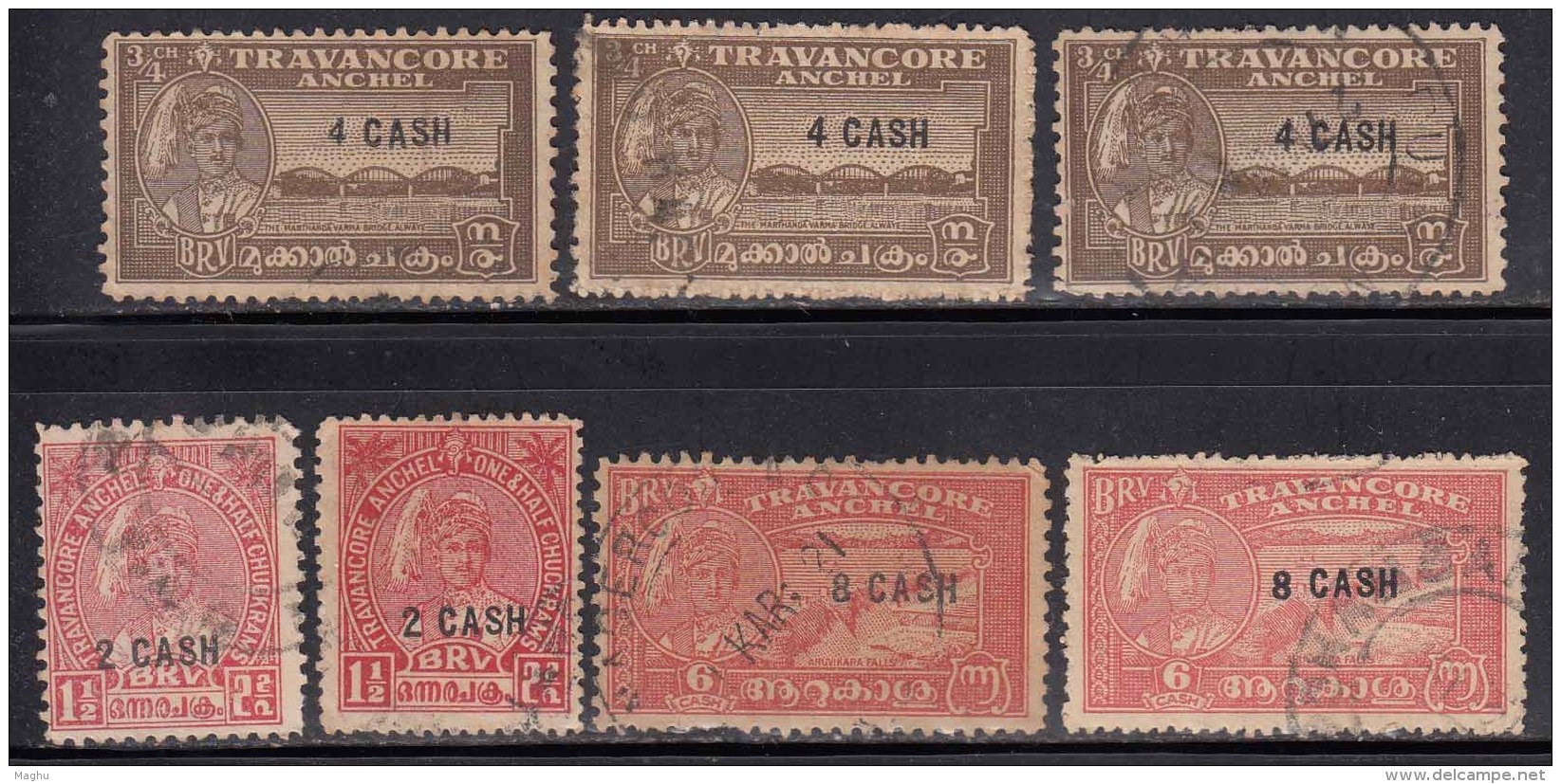 3v Perf., / Shade Varities, Surcharge Issue Of Travancore, 1943 Used, British India State - Cochin