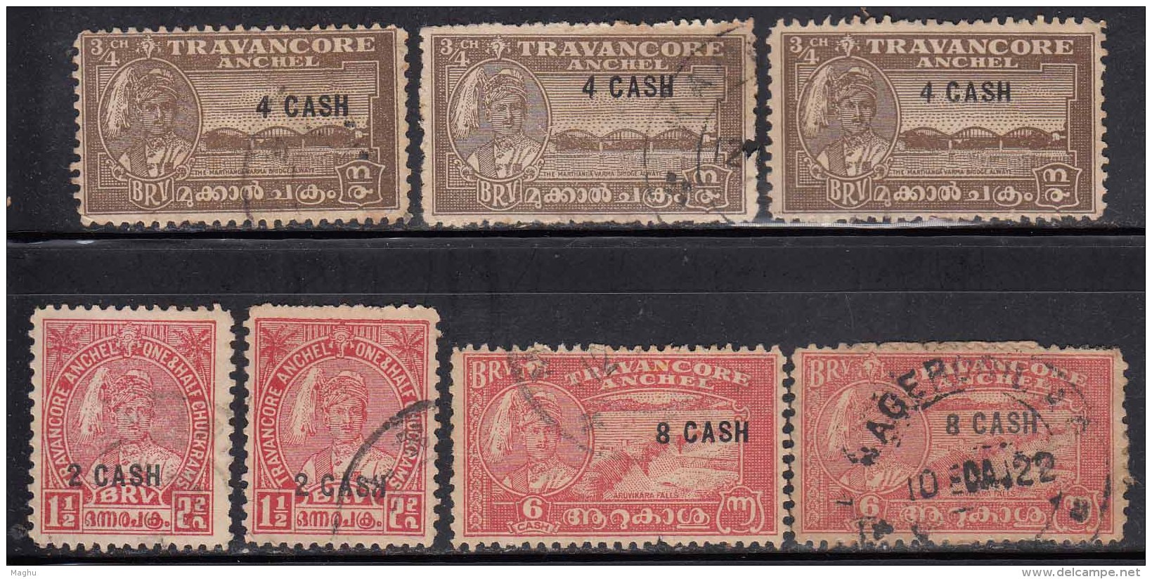 3v Perf., / Shade Varities, Surcharge Issue Of Travancore, 1943 Used, British India State - Cochin