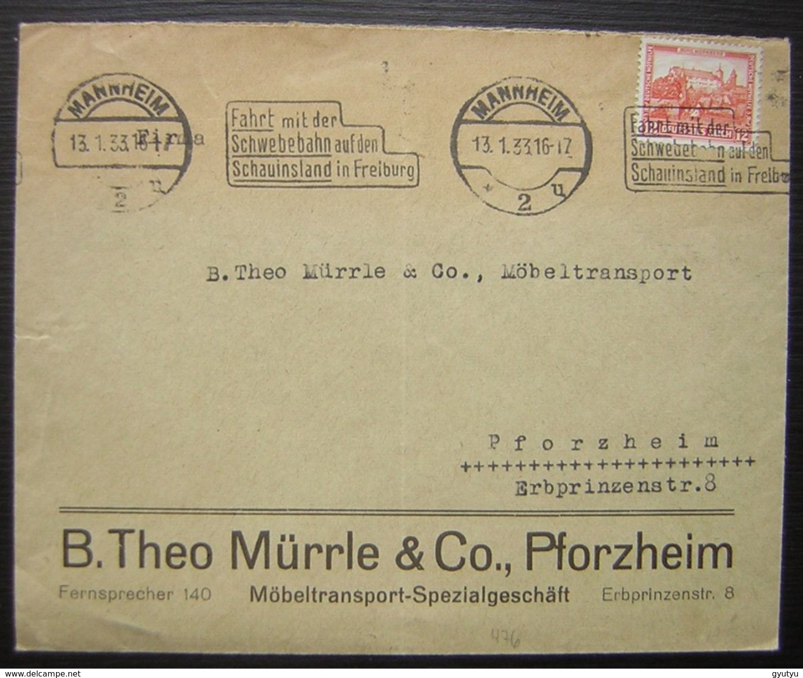 Pforzheim 1933 B. Theo Mürrle & Co Möbeltransport Spezialgeschäft (deutsches Reich) - Briefe U. Dokumente