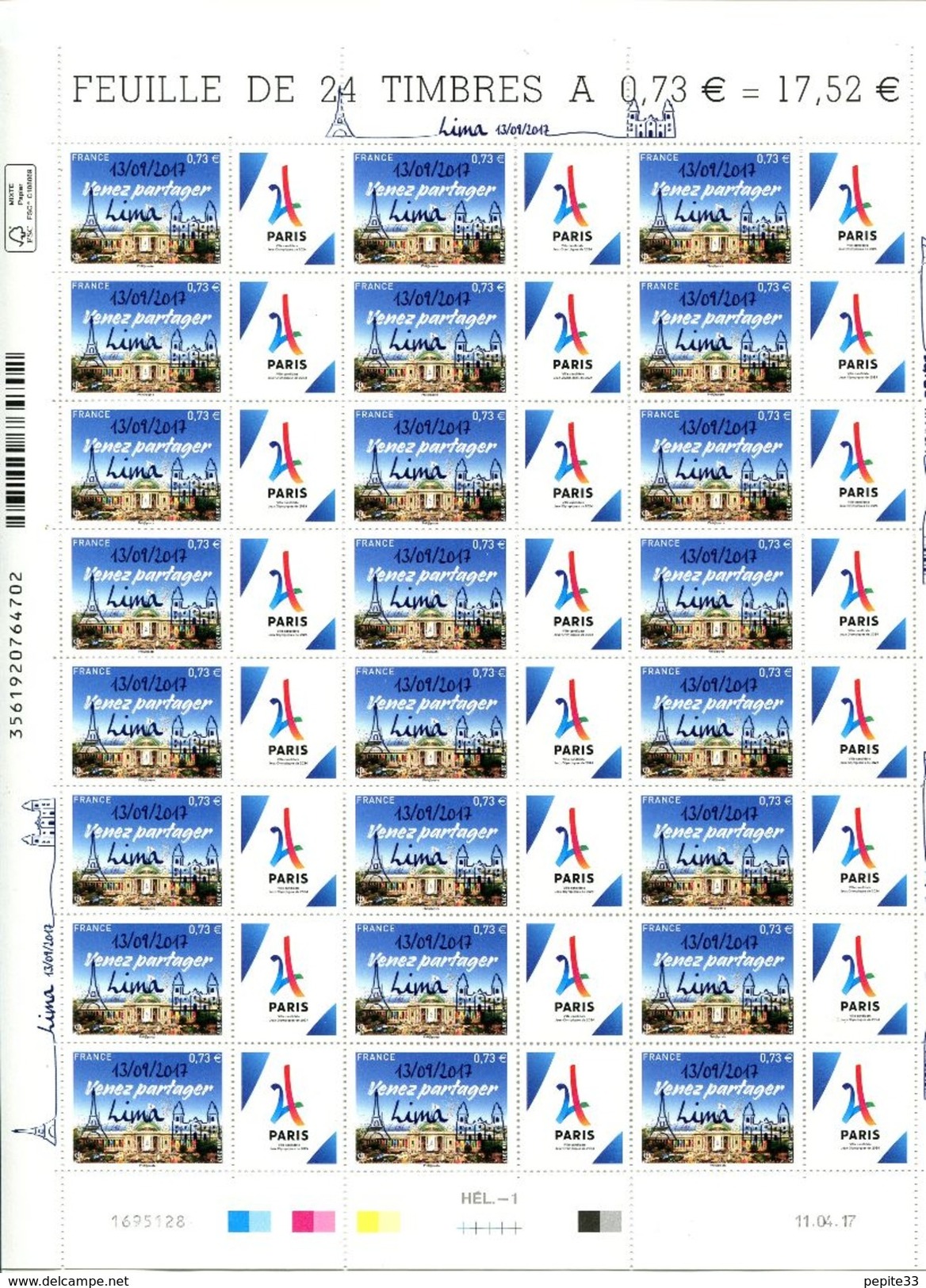 2017 Jeux Olympiques Olympic Games PARIS 2024 Surcharge Limitée 10000 LIMA Du 13 Sept 2017 ** MNH (n° Feuille 1695129) - Unused Stamps