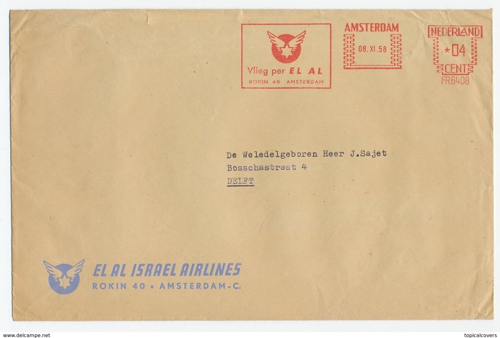 Meter Cover Netherlands 1958 EL AL - Israel Airlines - Aerei