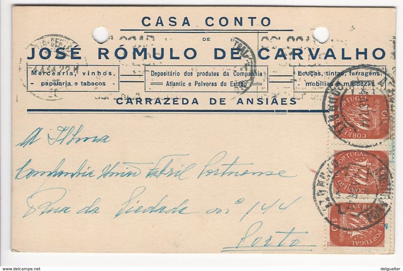 Commercial Card * Portugal * Carrazeda De Ansiães * Casa Conto * 1944 * Holed - Other & Unclassified