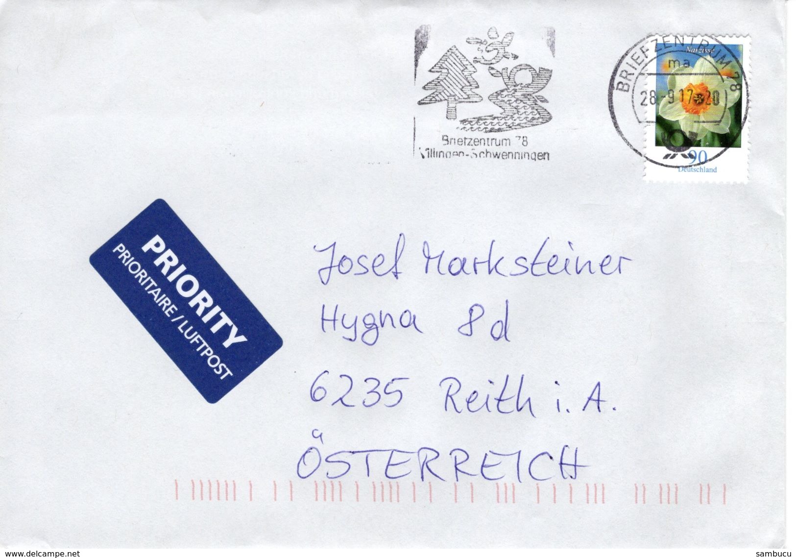 Auslands - Brief Von Briefzentrum 78  Mit 90 Cent Narzisse + Werbestempel BZ 78 Villingen - Schwenningen 2017 - Briefe U. Dokumente