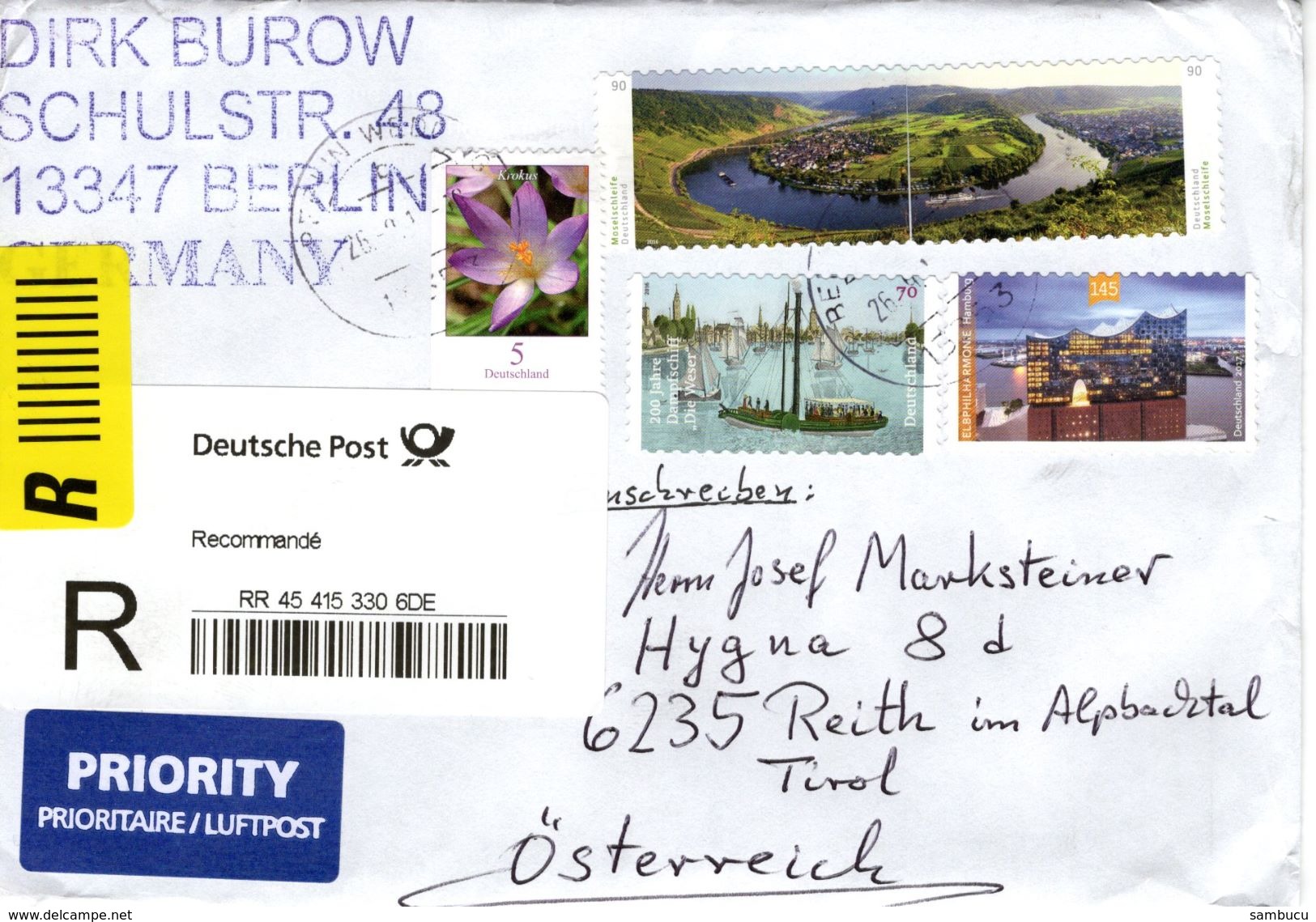 Auslands - Reko -Brief Von 13353 Berlin - Wedding Mit 400 Cent Mischfrankatur 2017 - Briefe U. Dokumente