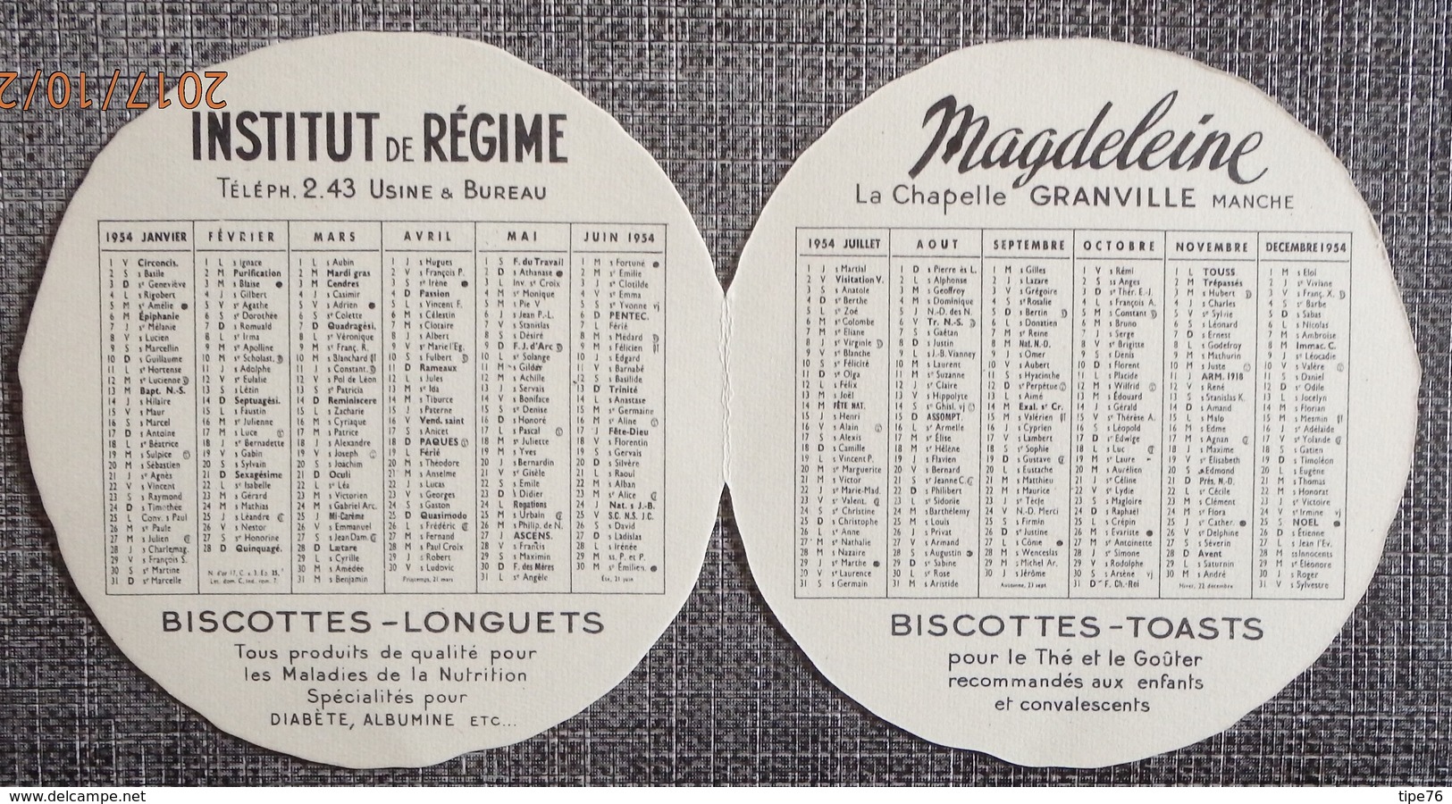 Petit Calendrier De Poche Biscottes Magdeleine La Chapelle Granville 1954 - Small : 1941-60