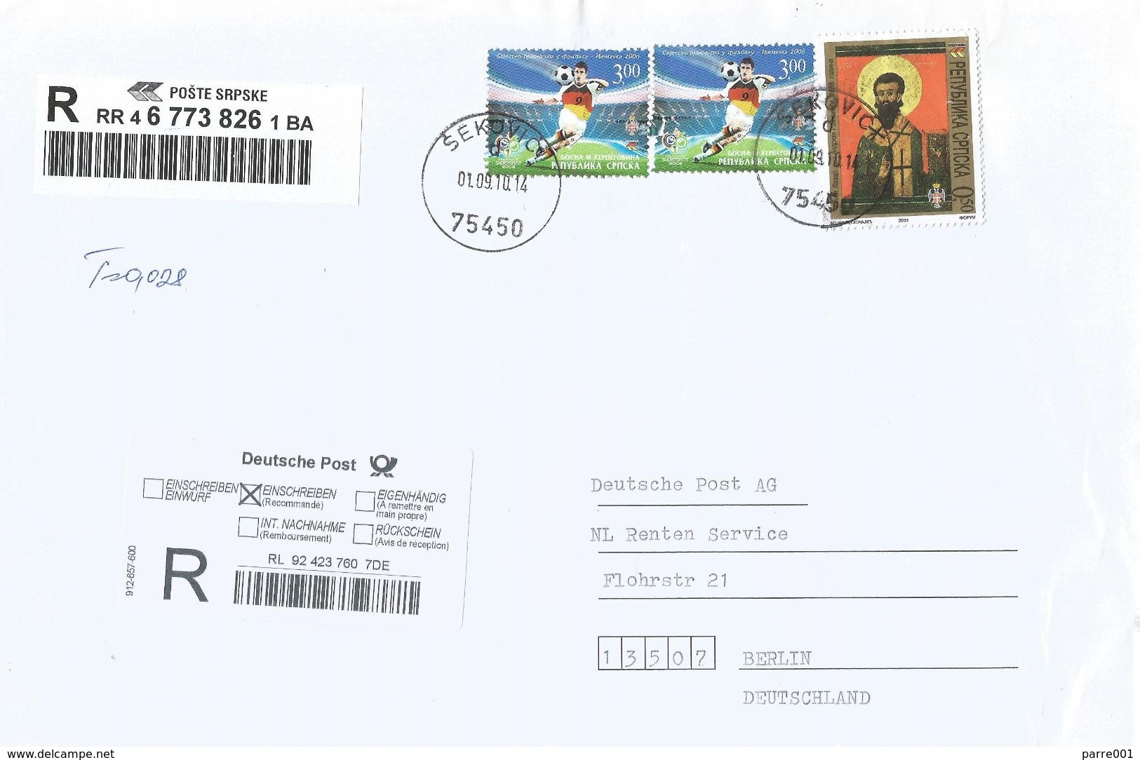 Bosnia Herzegovina Serbia 2010 World Cup Football Germany Icon Barcoded Registered Cover - 2006 – Germany