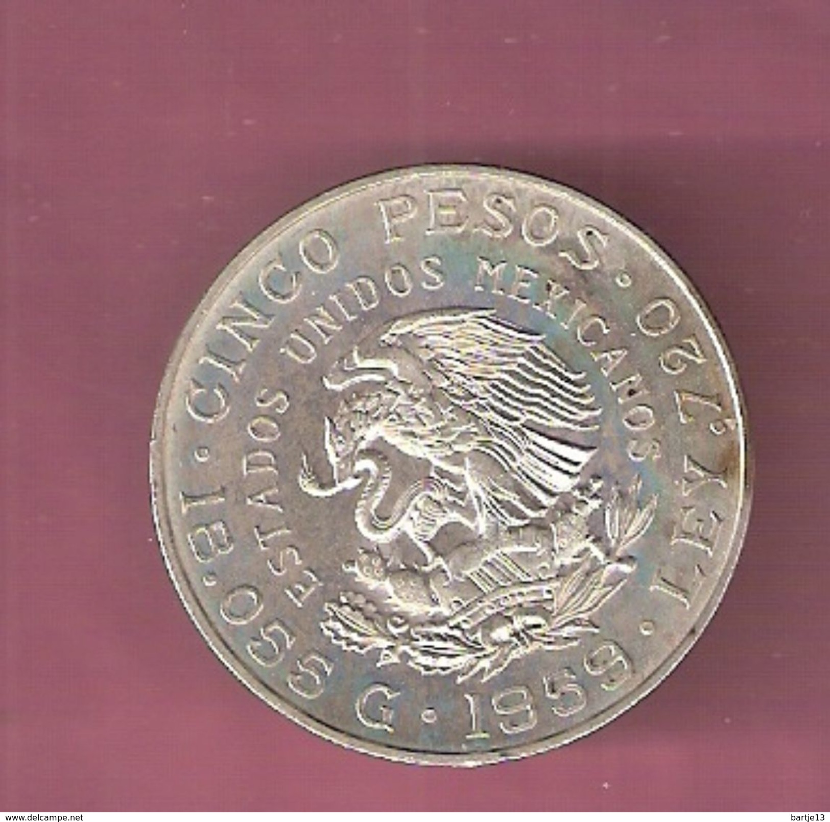 MEXICO 5 PESOS 1959 SILVER CENTENARY OF CARRANZAS BIRTH - Mexique