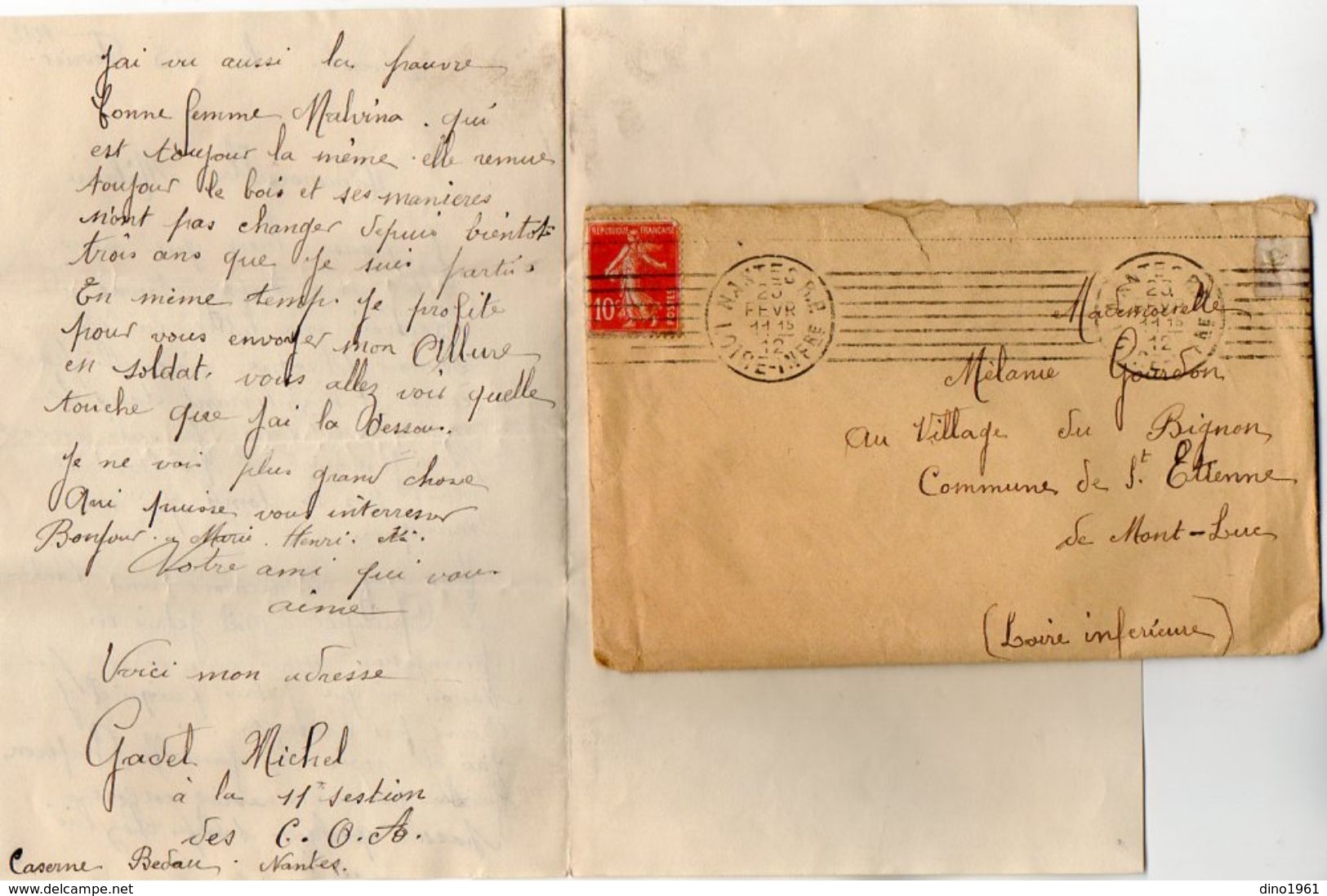 VP11.179 - MILITARIA - Enveloppe & Lettre Du Soldat Michel GADET à La 11ème Section Des C.O.A Caserne Bedeau à NANTES - Documenti
