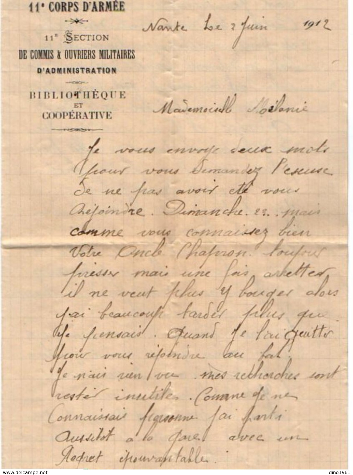 VP11.180 - MILITARIA - Lettre Du Soldat Michel GADET à La 11ème Section Des C.O.A Caserne Bedeau à NANTES - Documenti