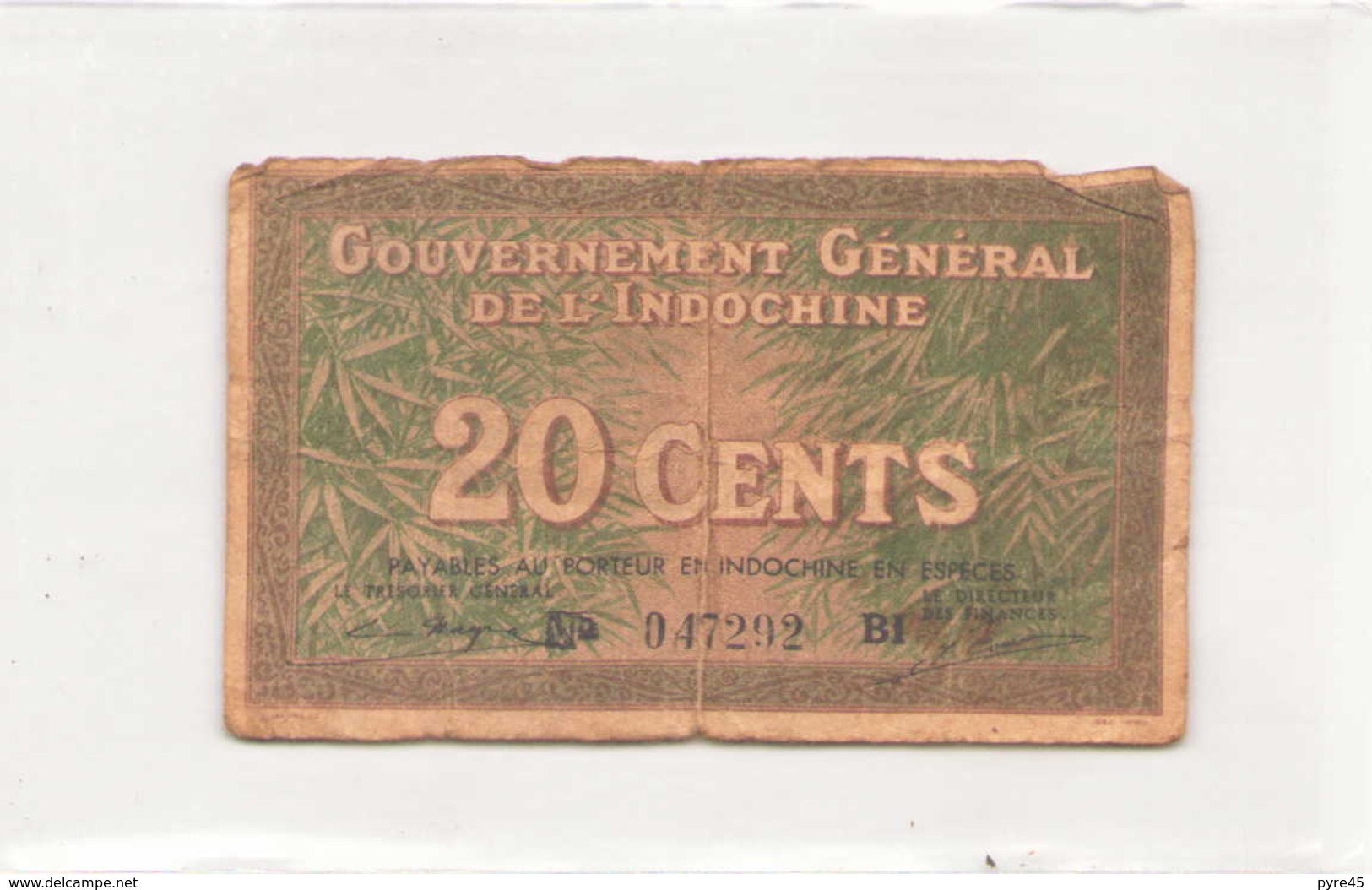 Billet Gouvernement Général De L'Indochine 20 Cents Vendu En L'état - Indochina