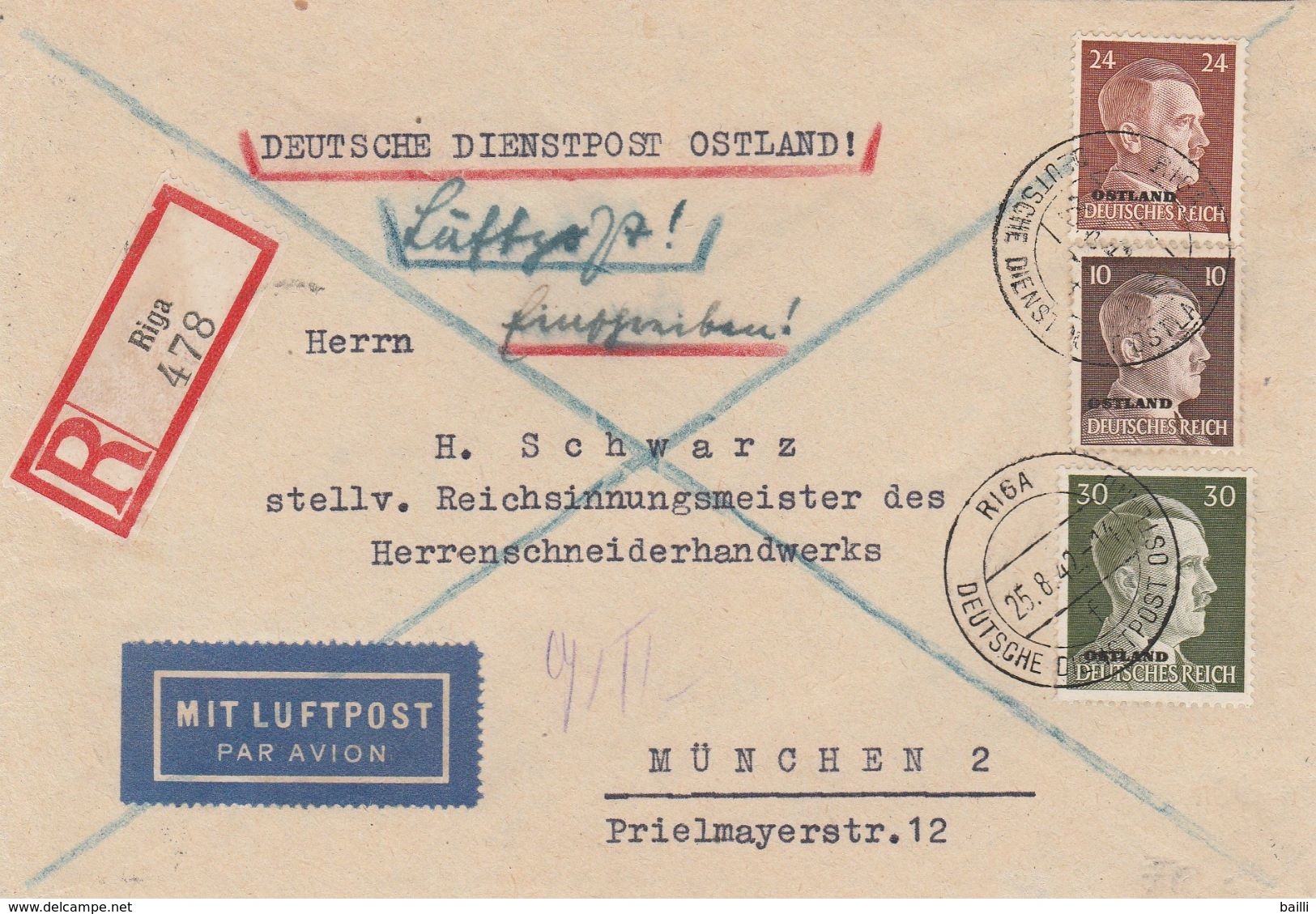 Lettonie Occupation Allemande Lettre  Recommandée Par Avion Riga Pour L'Allemagne 1942 - Latvia