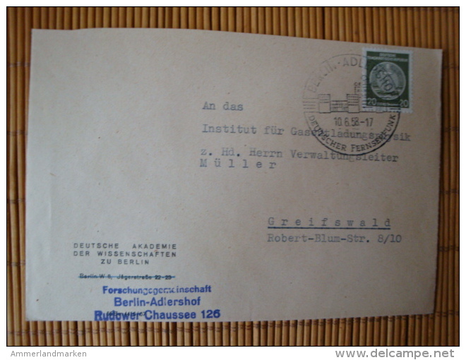 DDR, Dienstpostbrief  Mit Marke A, 20 Pfg. Zirkelbogen Rechts, Deutsche Akademie Der Wissenschaften Zu Berlin, Gel. 1958 - Sonstige & Ohne Zuordnung