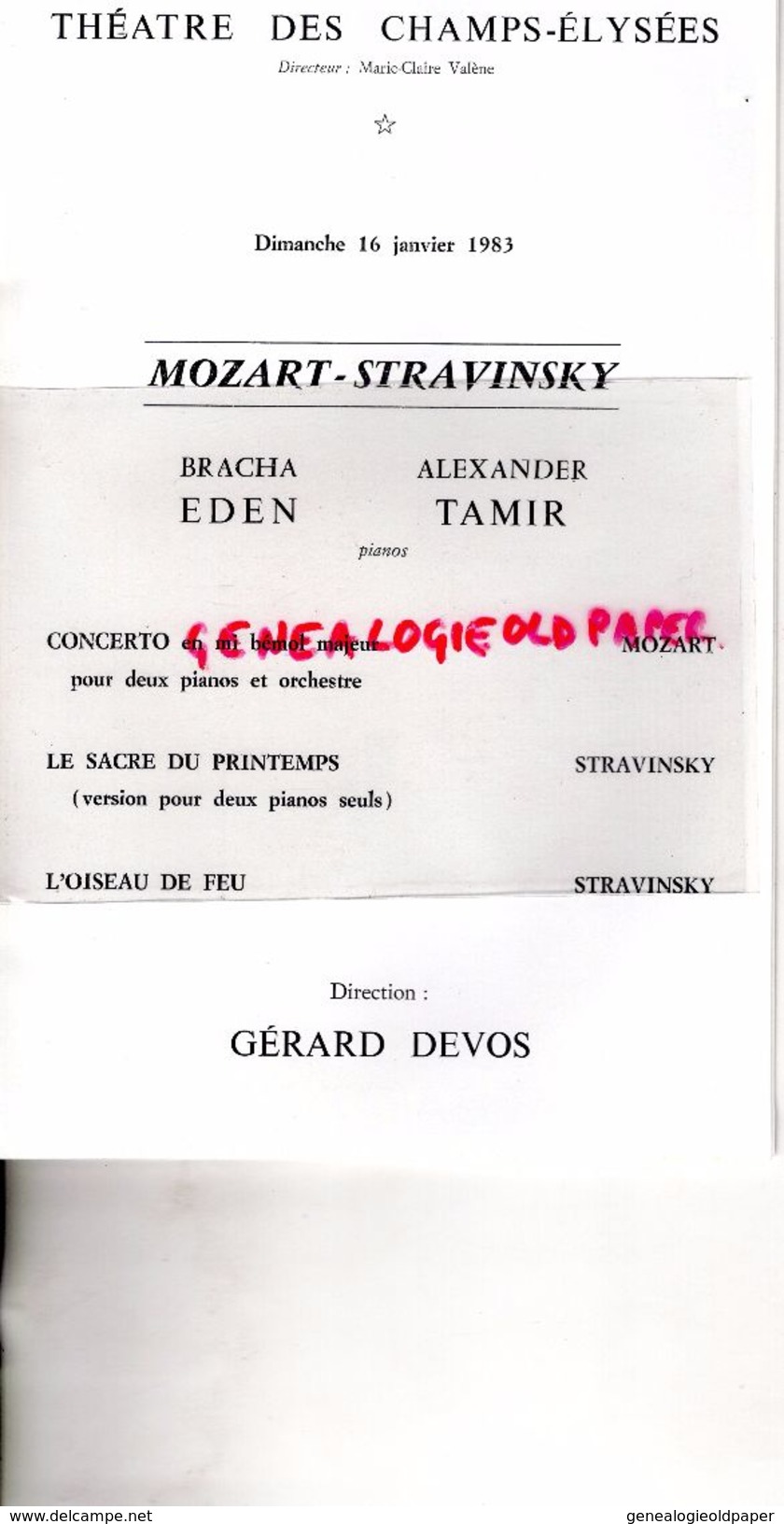 75- PARIS-PROGRAMME CONCERTS PASDELOUP-THEATRE CHAMPS ELYSEES-OISEAU DE FEU-16-1-1983-BRACHA EDEN-ALEXANDER TAMIR-MOZART - Programs