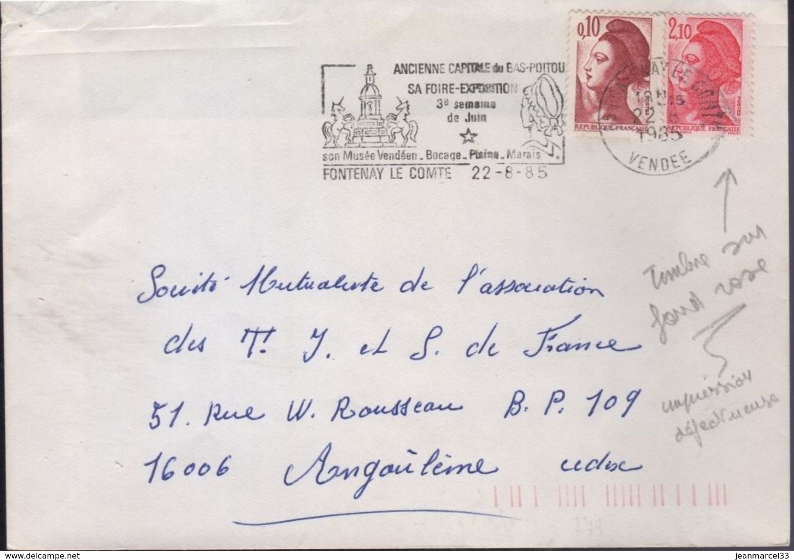 Lettre Timbre Avec Variété 2,10 Liberté Rose Au Lieu De Rouge, Impression Défectueuse Sur Fond Rose - Lettres & Documents