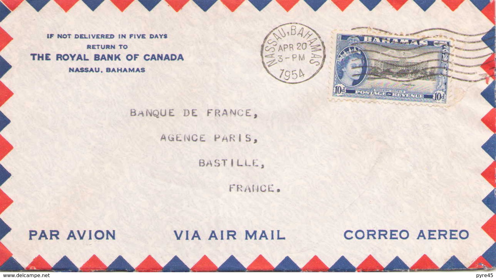 BAHAMAS ENVELOPPE A EN TETE DU 20 AVRIL 1954 DE NASSAU POUR PARIS THE ROYAL BANK OF CANADA - 1859-1963 Colonia Británica