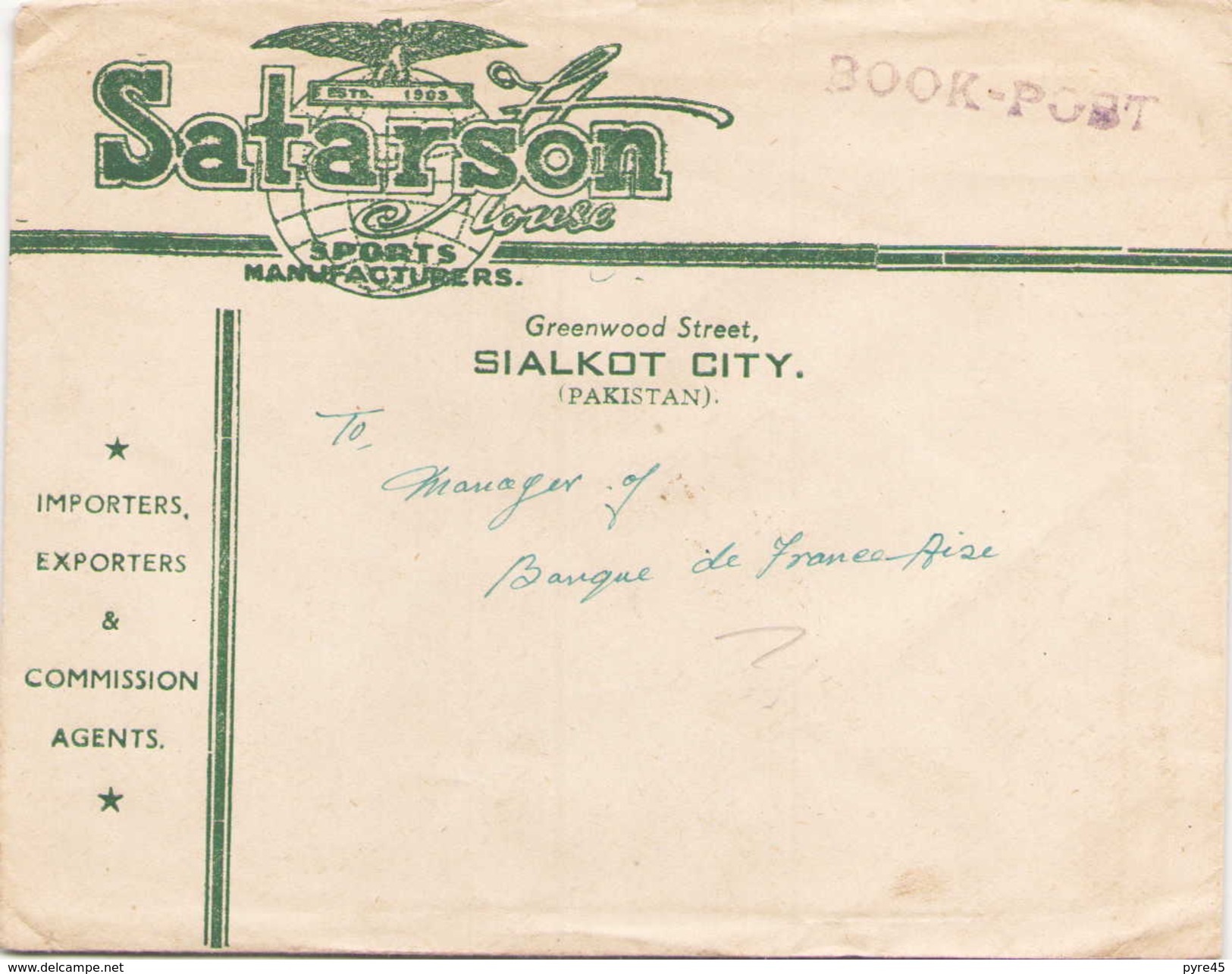 PAKISTAN ENVELOPPE A EN TETE DE JANVIER 1949 DE SIALKOT CITY SATARSON HOUSE SPORTS MANUFACTURERS BOOK POST - Other & Unclassified