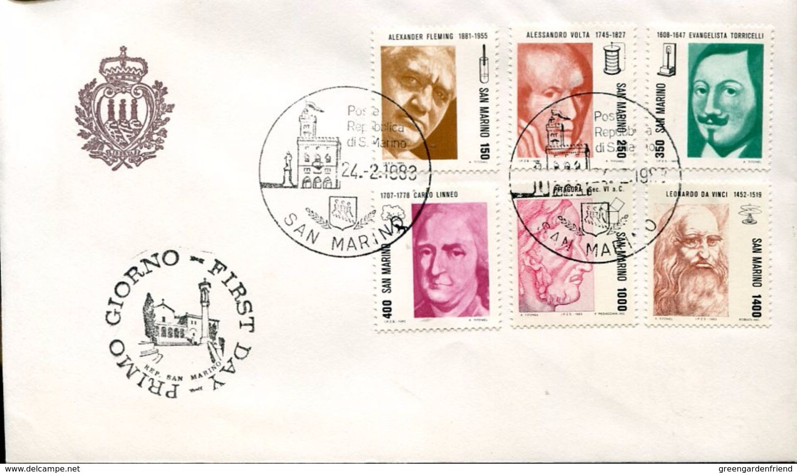 27802 San Marino, Fdc 1983 Alessandro Volta, Evangelista Torricelli, Pitagora, Carl Linnè,leonardo Da Vinci, - Altri & Non Classificati