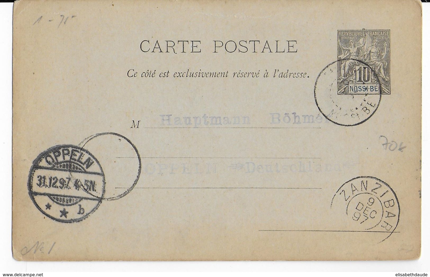 1897 - CARTE ENTIER De NOSSI-BE => OPPELN (SILESIE) Via ZANZIBAR - Cartas & Documentos